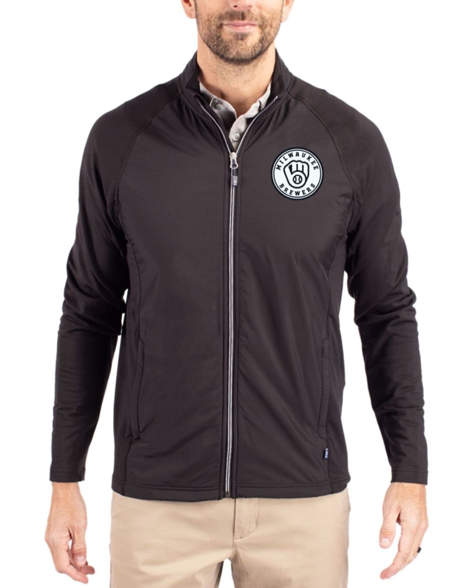 Men's Milwaukee Brewers Cutter & Buck Mono Black Adapt Soft Knit Stretch Hybrid Full Zip Jacket