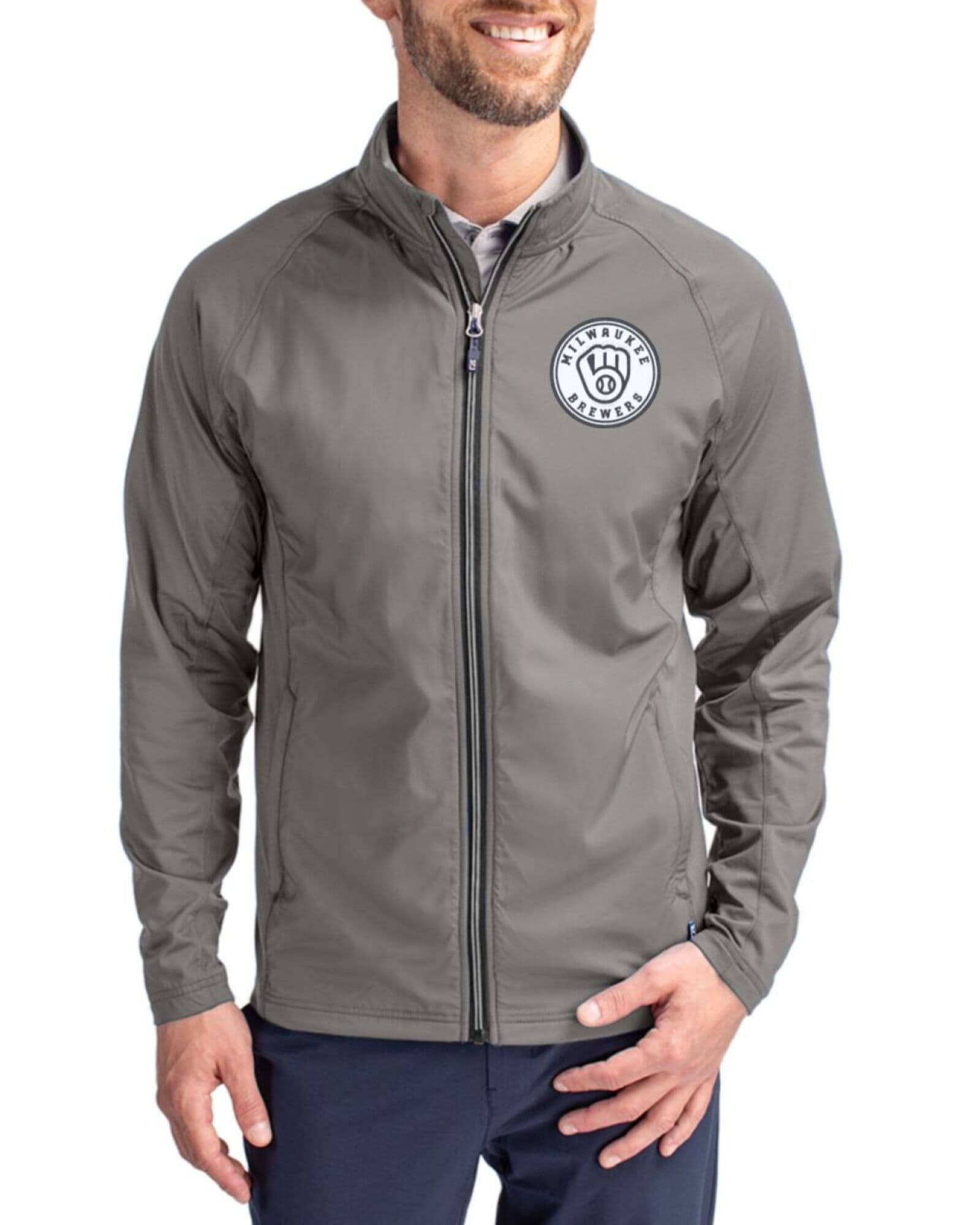 Men's Milwaukee Brewers Cutter & Buck Mono Elemental Grey Adapt Soft Knit Stretch Hybrid Full Zip Jacket
