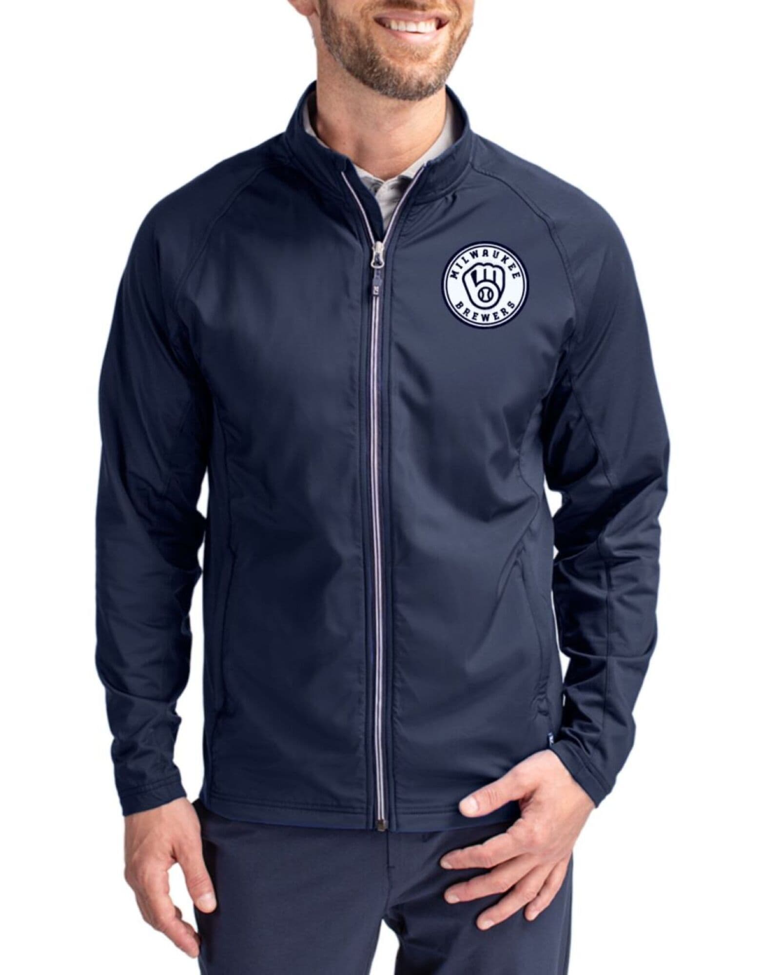 Men's Milwaukee Brewers Cutter & Buck Mono Navy Blue Adapt Soft Knit Stretch Hybrid Full Zip Jacket