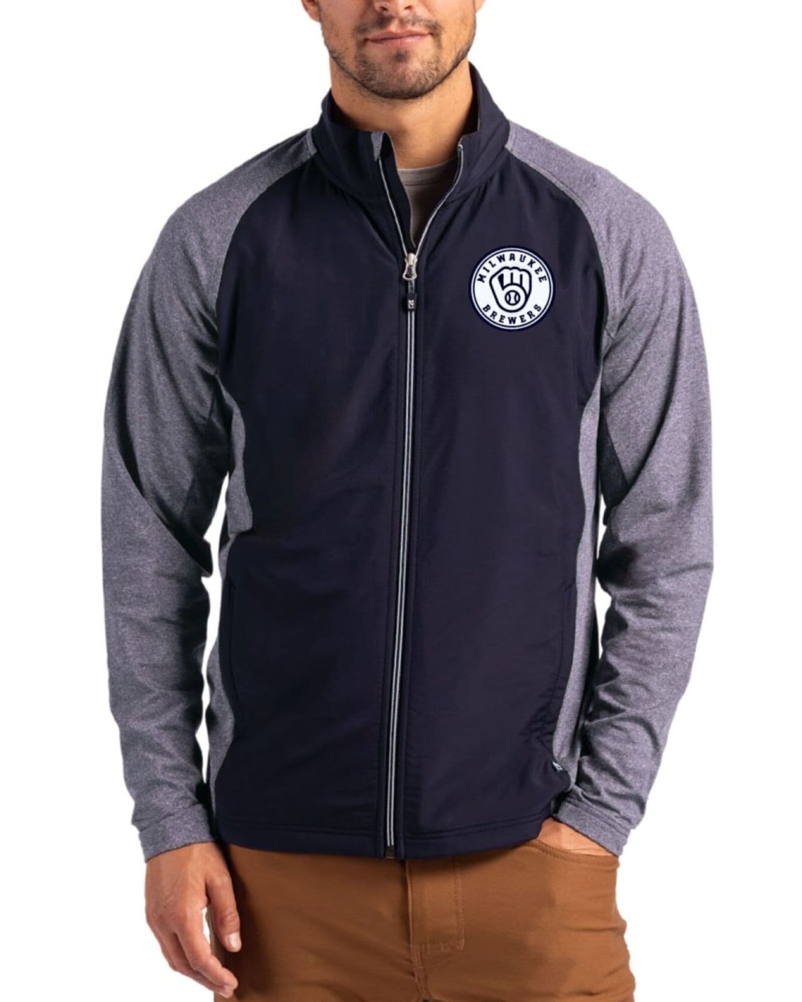 Men's Milwaukee Brewers Cutter & Buck Mono Navy Blue Heather/Navy Blue Adapt Soft Knit Stretch Hybrid Full Zip Jacket