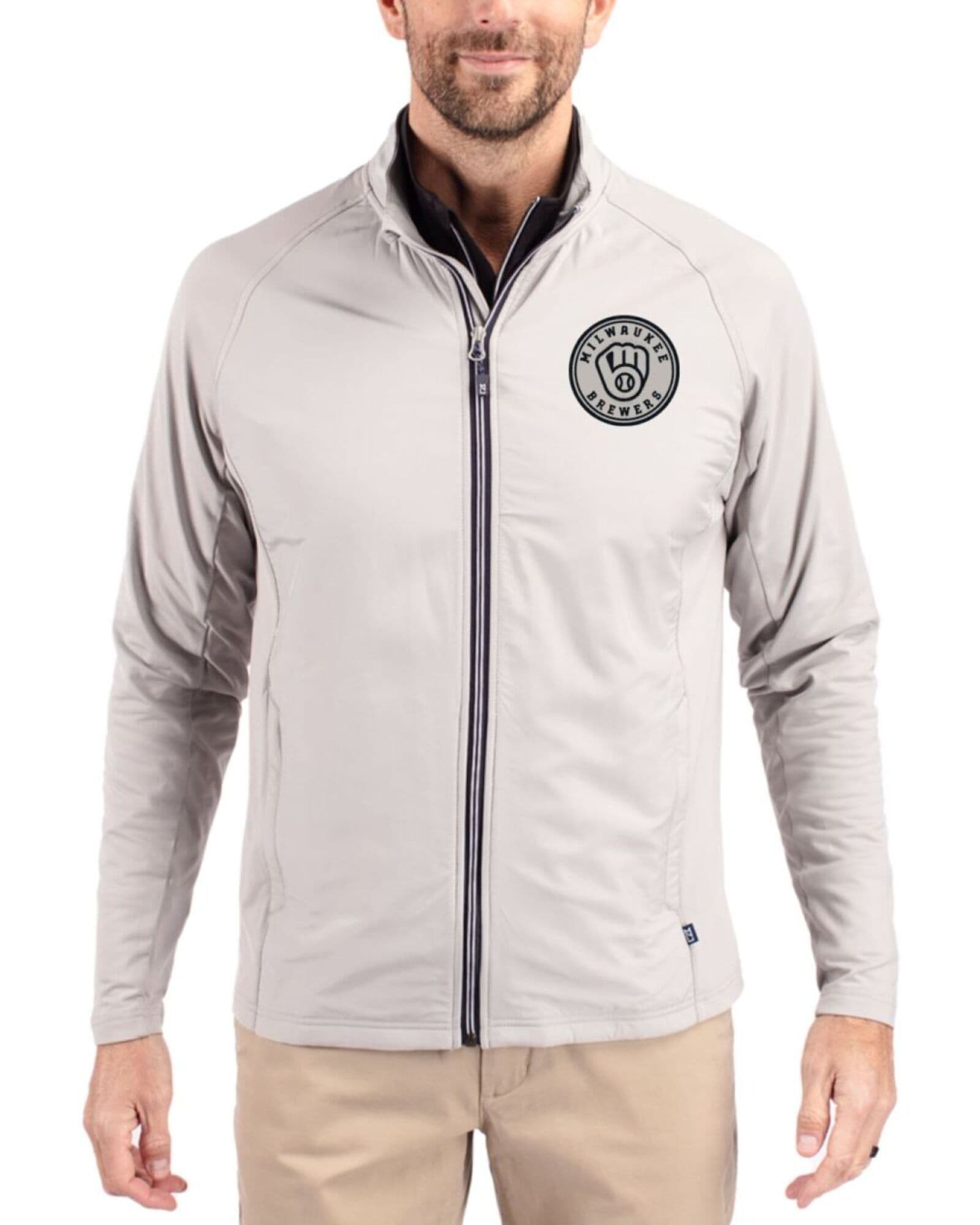 Men's Milwaukee Brewers Cutter & Buck Mono Polished Adapt Soft Knit Stretch Hybrid Full Zip Jacket
