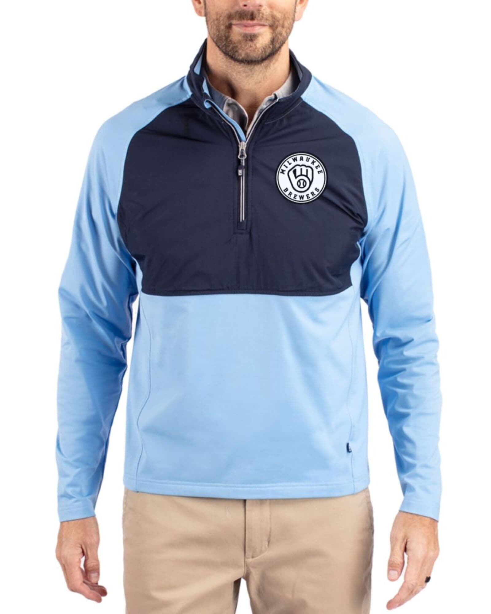 Men's Milwaukee Brewers Cutter & Buck Mono Atlas/Navy Blue Adapt Soft Knit Stretch Hybrid Quarter Zip Pullover
