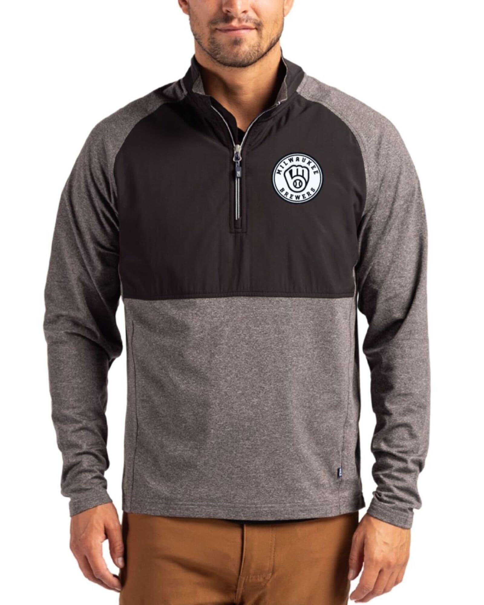 Men's Milwaukee Brewers Cutter & Buck Mono Black Heather/Black Adapt Soft Knit Stretch Hybrid Quarter Zip Pullover
