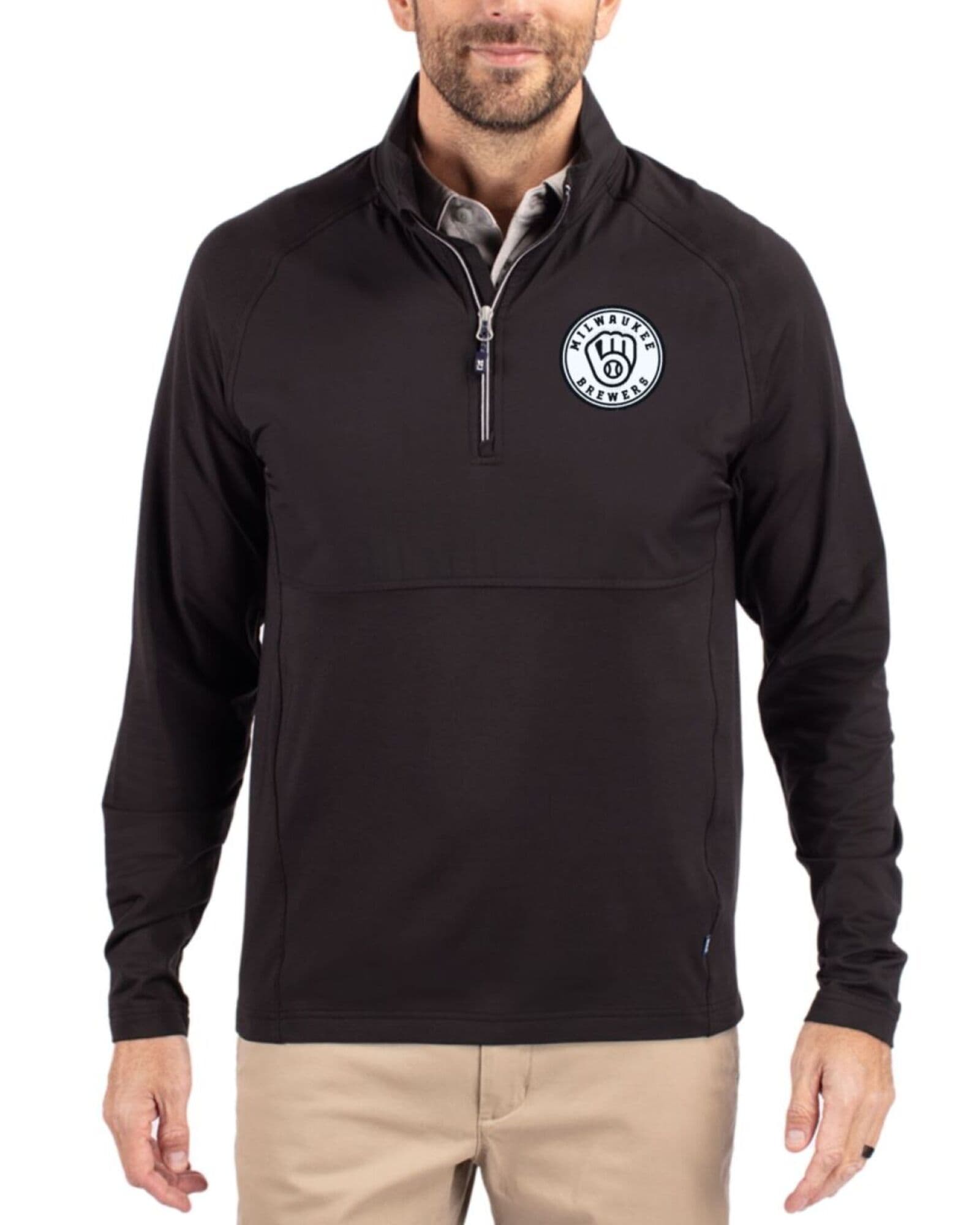Men's Milwaukee Brewers Cutter & Buck Mono Black Adapt Soft Knit Stretch Hybrid Quarter Zip Pullover