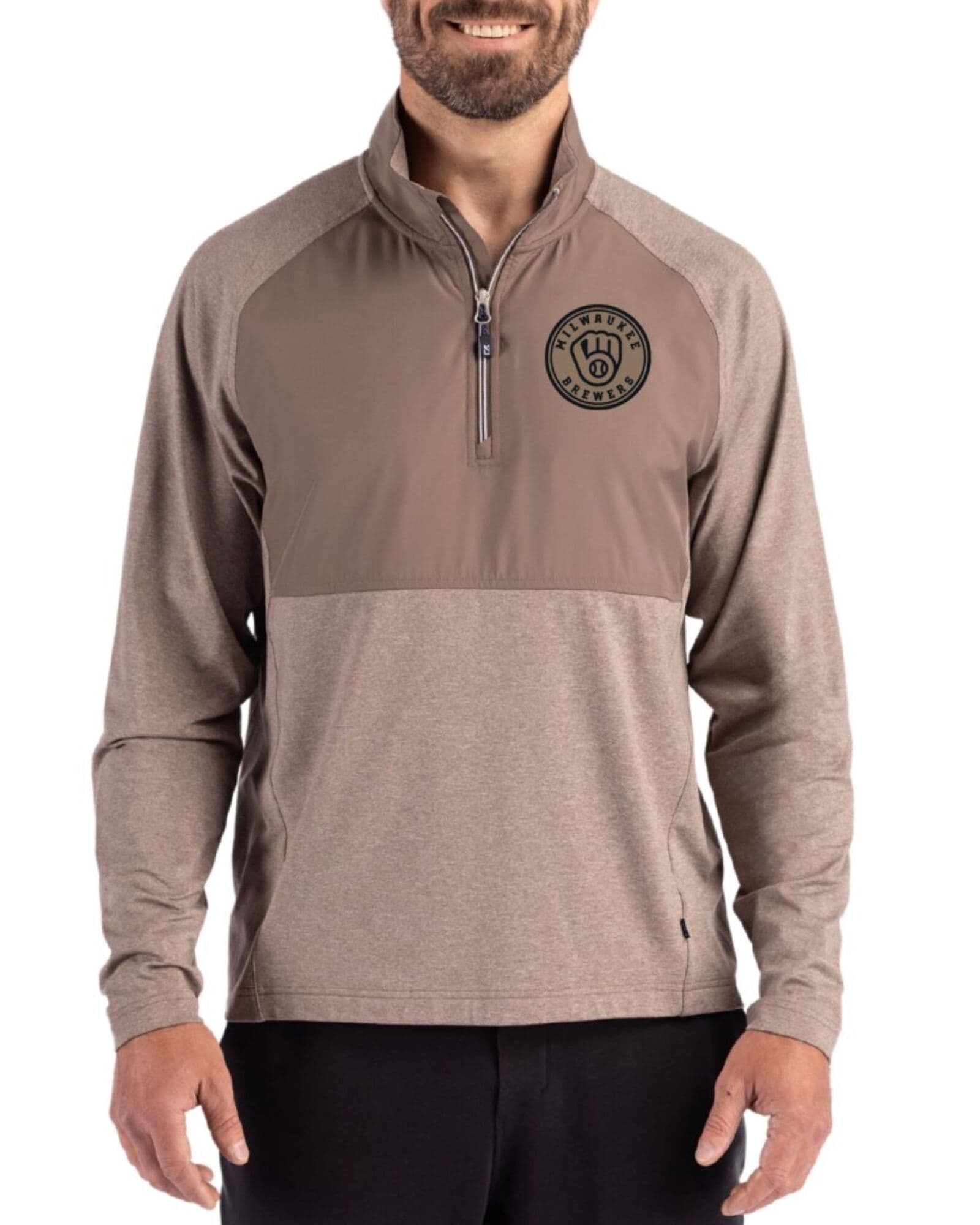 Men's Milwaukee Brewers Cutter & Buck Mono Mushroom Heather Adapt Soft Knit Stretch Hybrid Quarter Zip Pullover