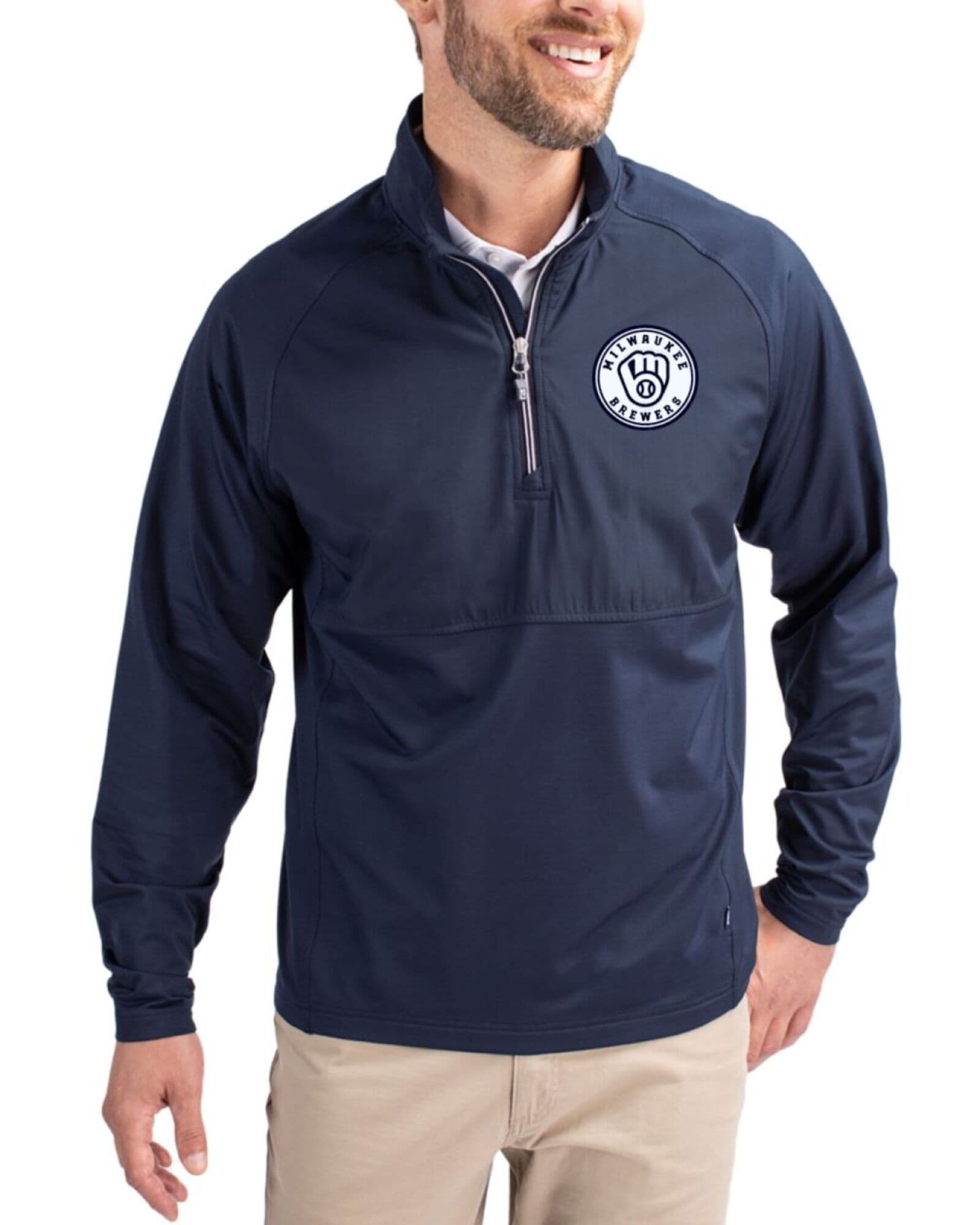 Men's Milwaukee Brewers Cutter & Buck Mono Navy Blue Adapt Soft Knit Stretch Hybrid Quarter Zip Pullover