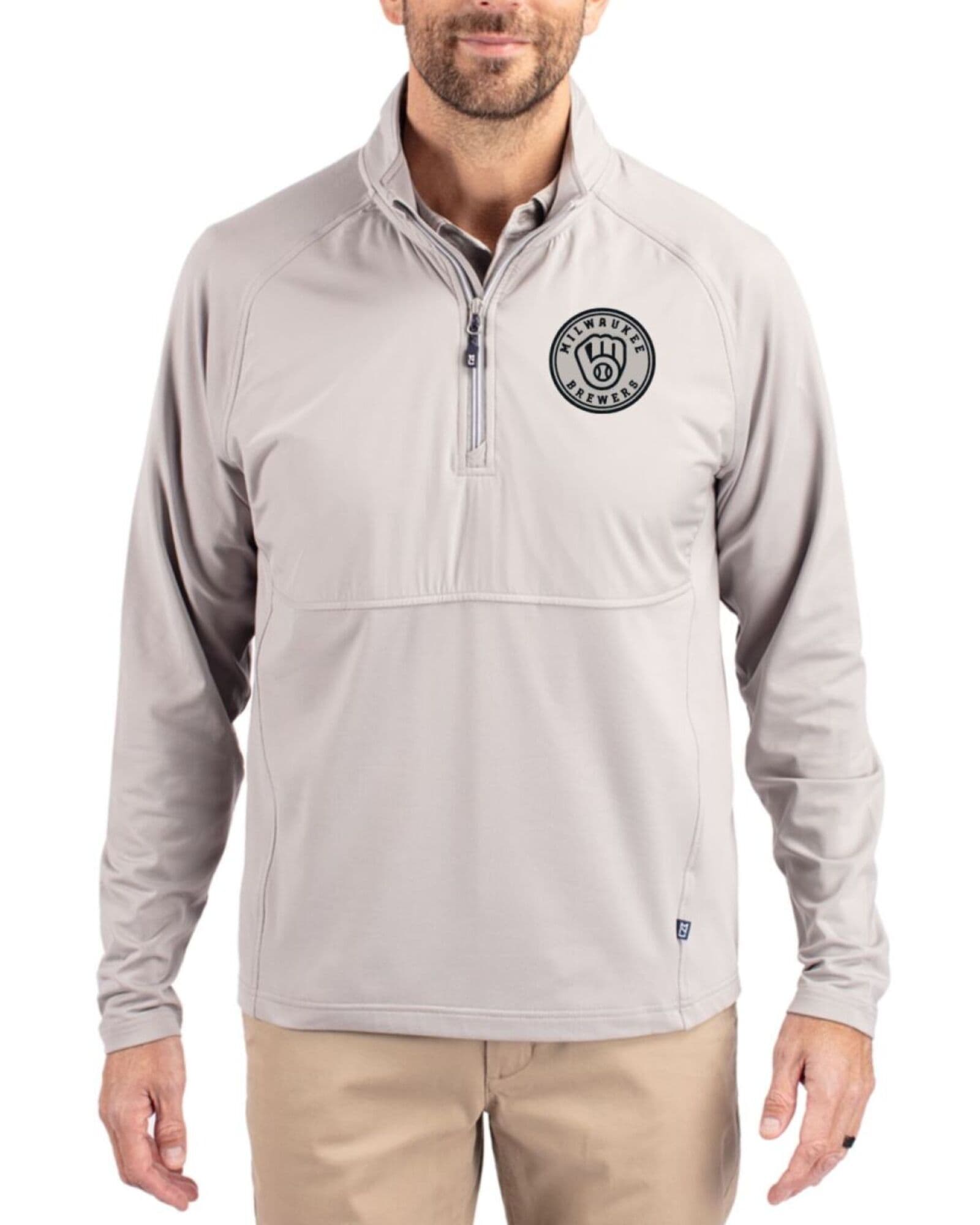 Men's Milwaukee Brewers Cutter & Buck Mono Polished Adapt Soft Knit Stretch Hybrid Quarter Zip Pullover