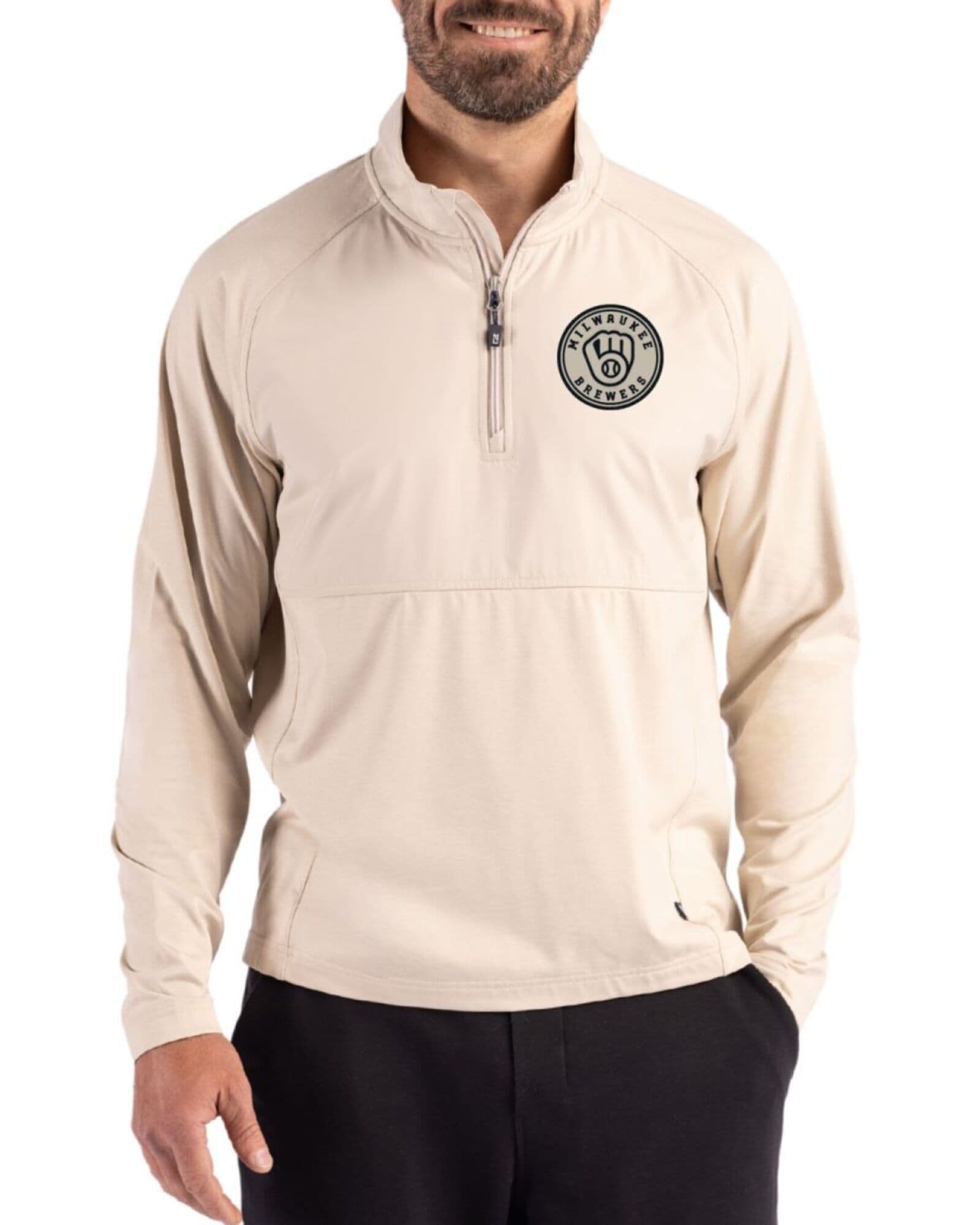 Men's Milwaukee Brewers Cutter & Buck Mono Wheat Heather Adapt Soft Knit Stretch Hybrid Quarter Zip Pullover