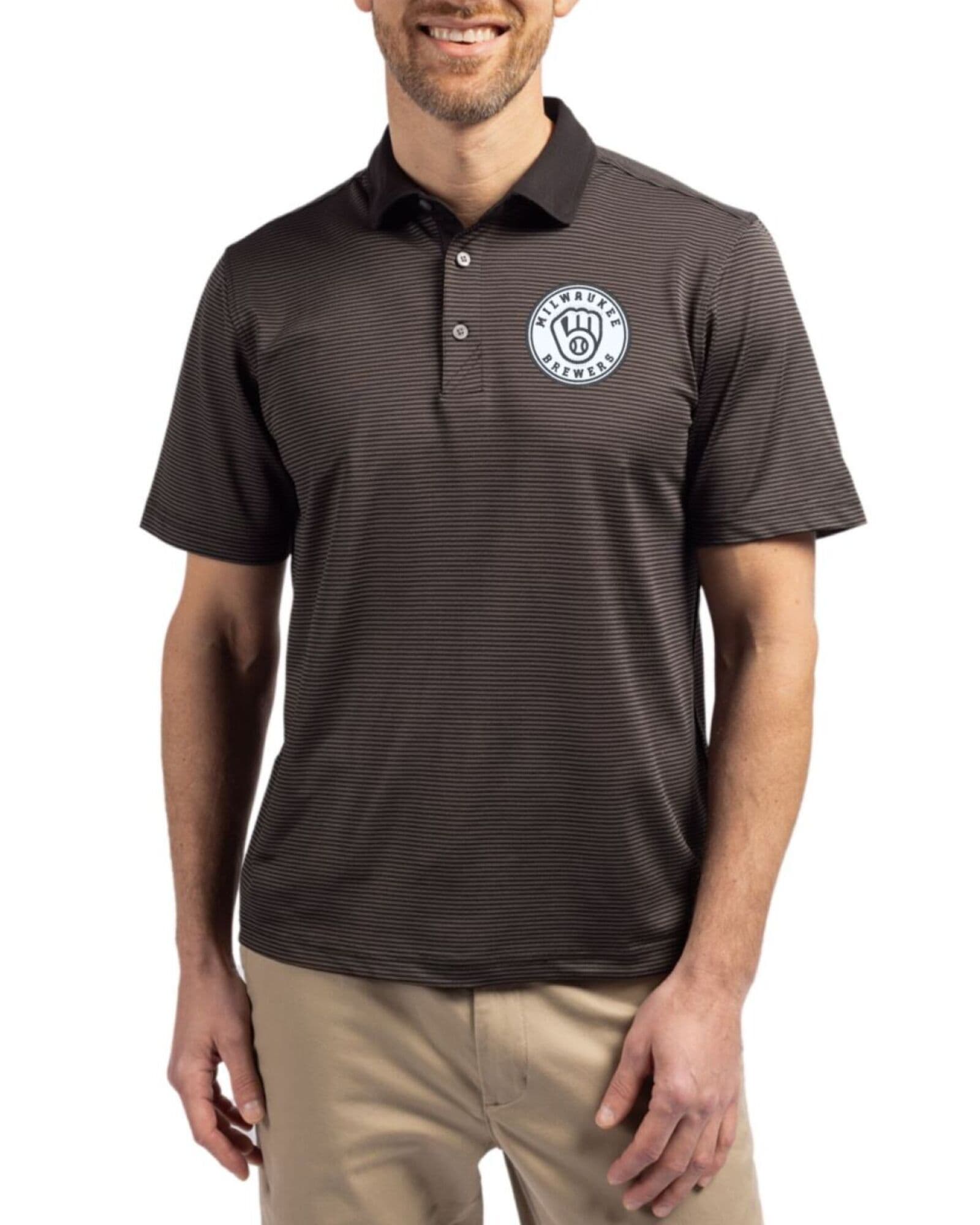 Men's Milwaukee Brewers Cutter & Buck Mono Black/Elemental Grey Virtue Micro Stripe Featherlight Pique Polo