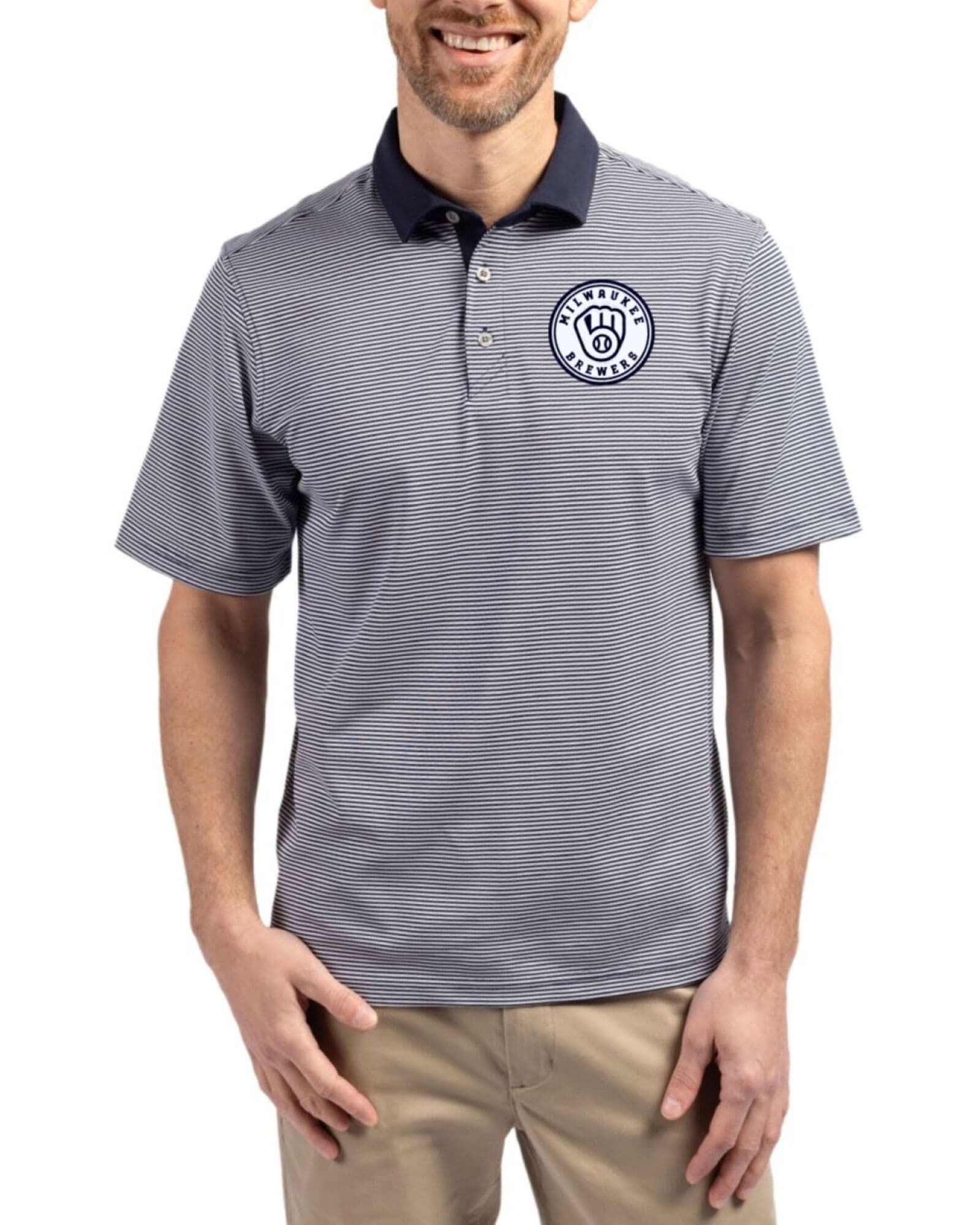 Men's Milwaukee Brewers Cutter & Buck Mono Navy Blue/White Virtue Micro Stripe Featherlight Pique Polo