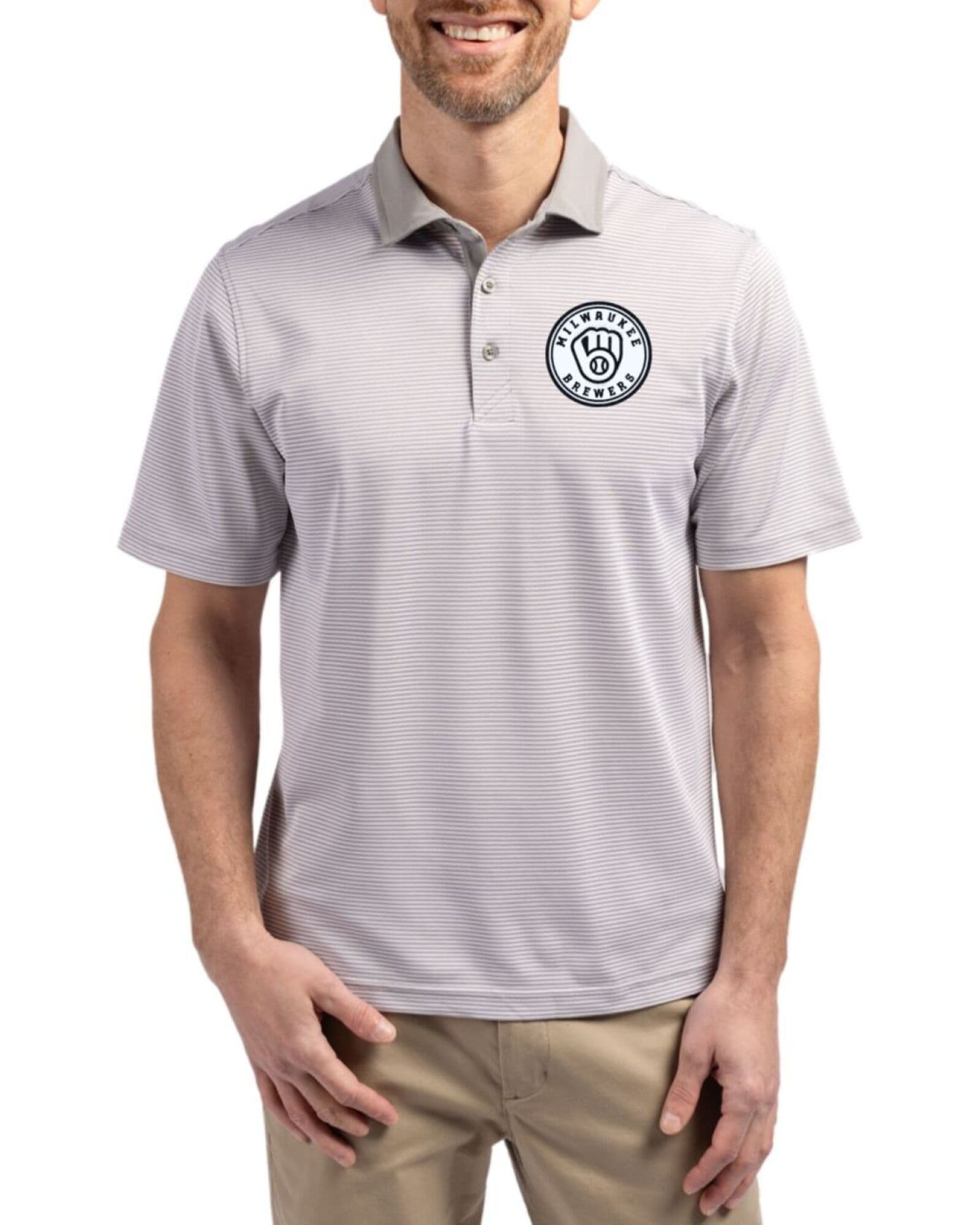 Men's Milwaukee Brewers Cutter & Buck Mono Polished/White Virtue Micro Stripe Featherlight Pique Polo