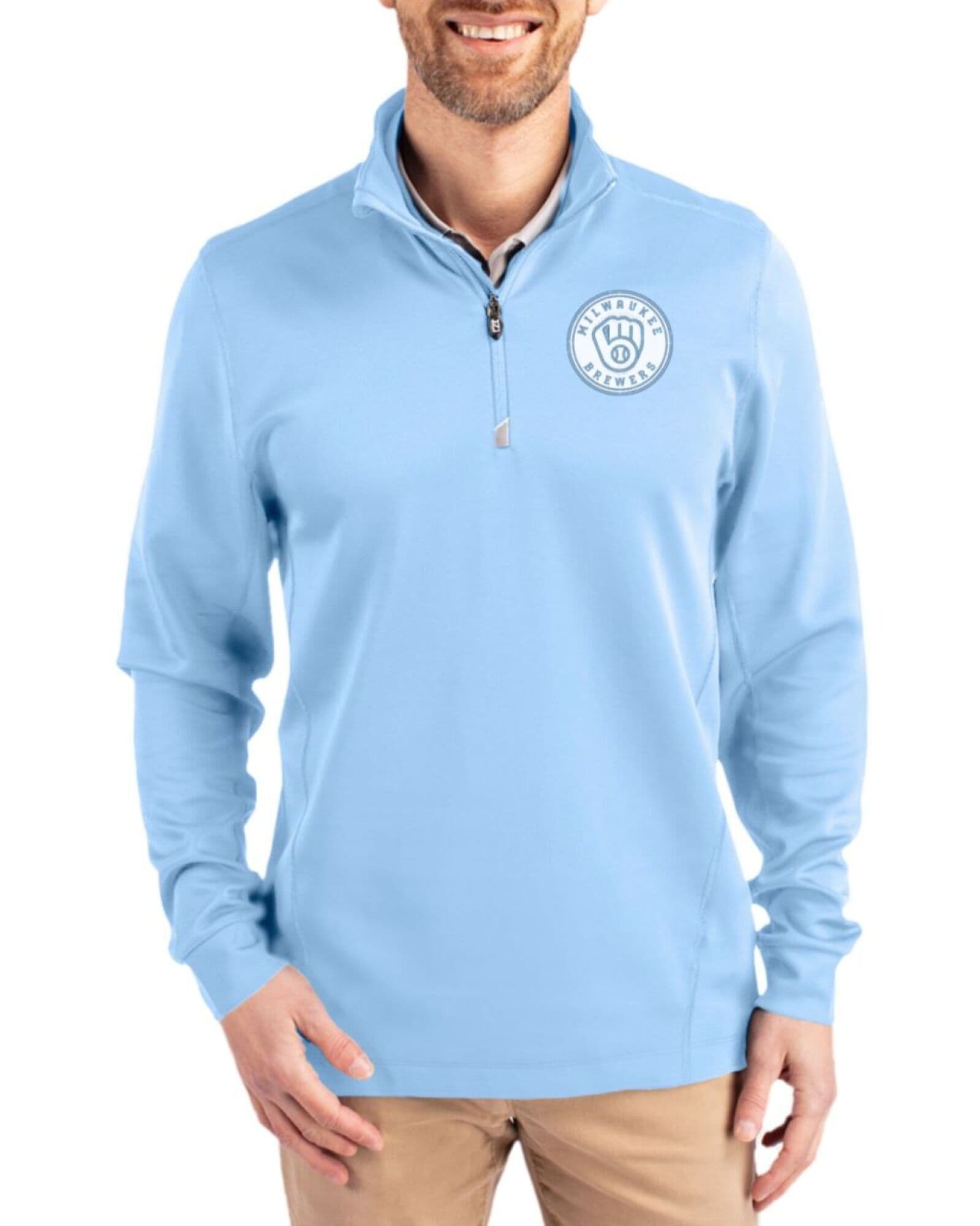 Men's Milwaukee Brewers Cutter & Buck Mono Atlas Traverse Smooth Stretch Quarter Zip Pullover