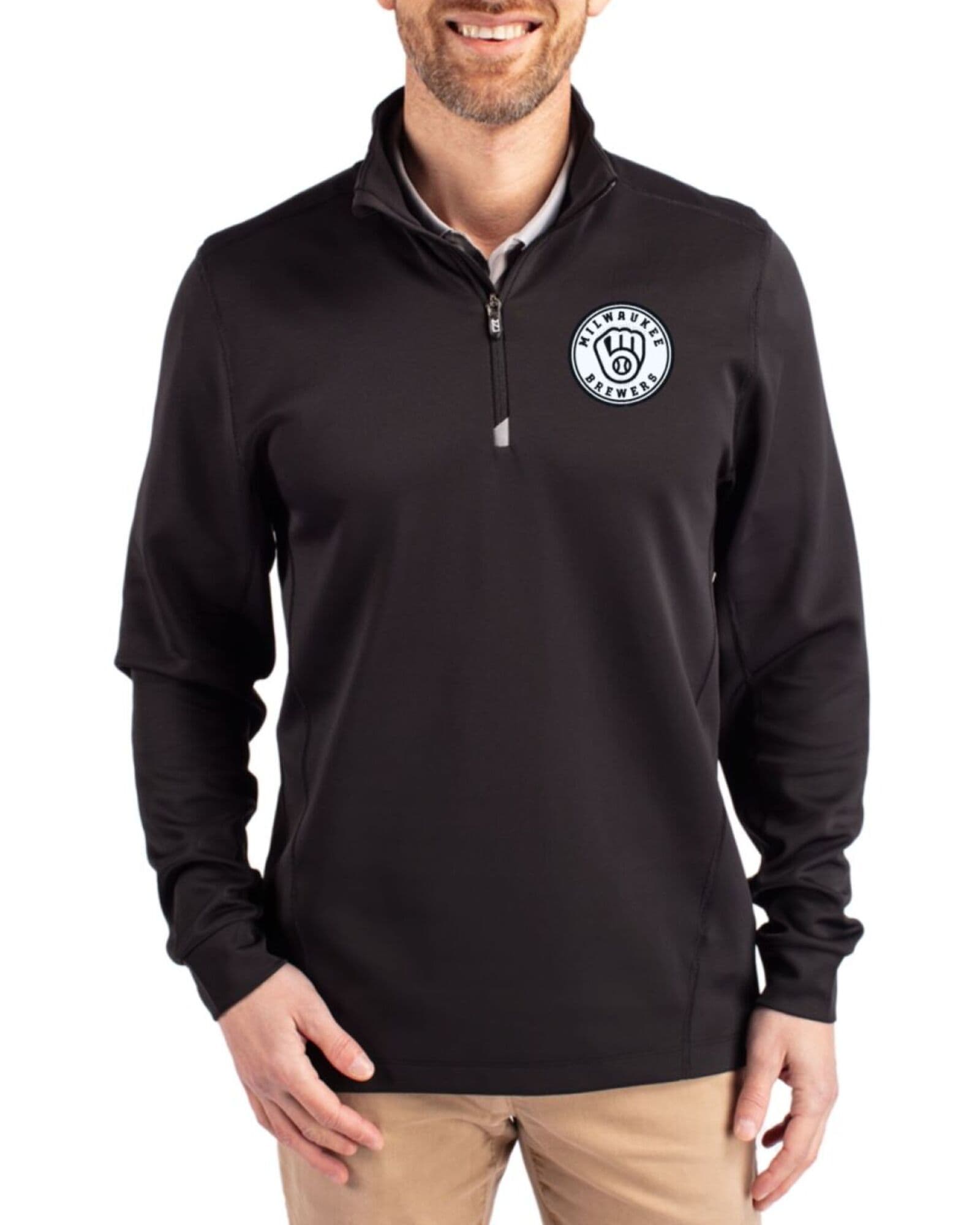 Men's Milwaukee Brewers Cutter & Buck Mono Black Traverse Smooth Stretch Quarter Zip Pullover