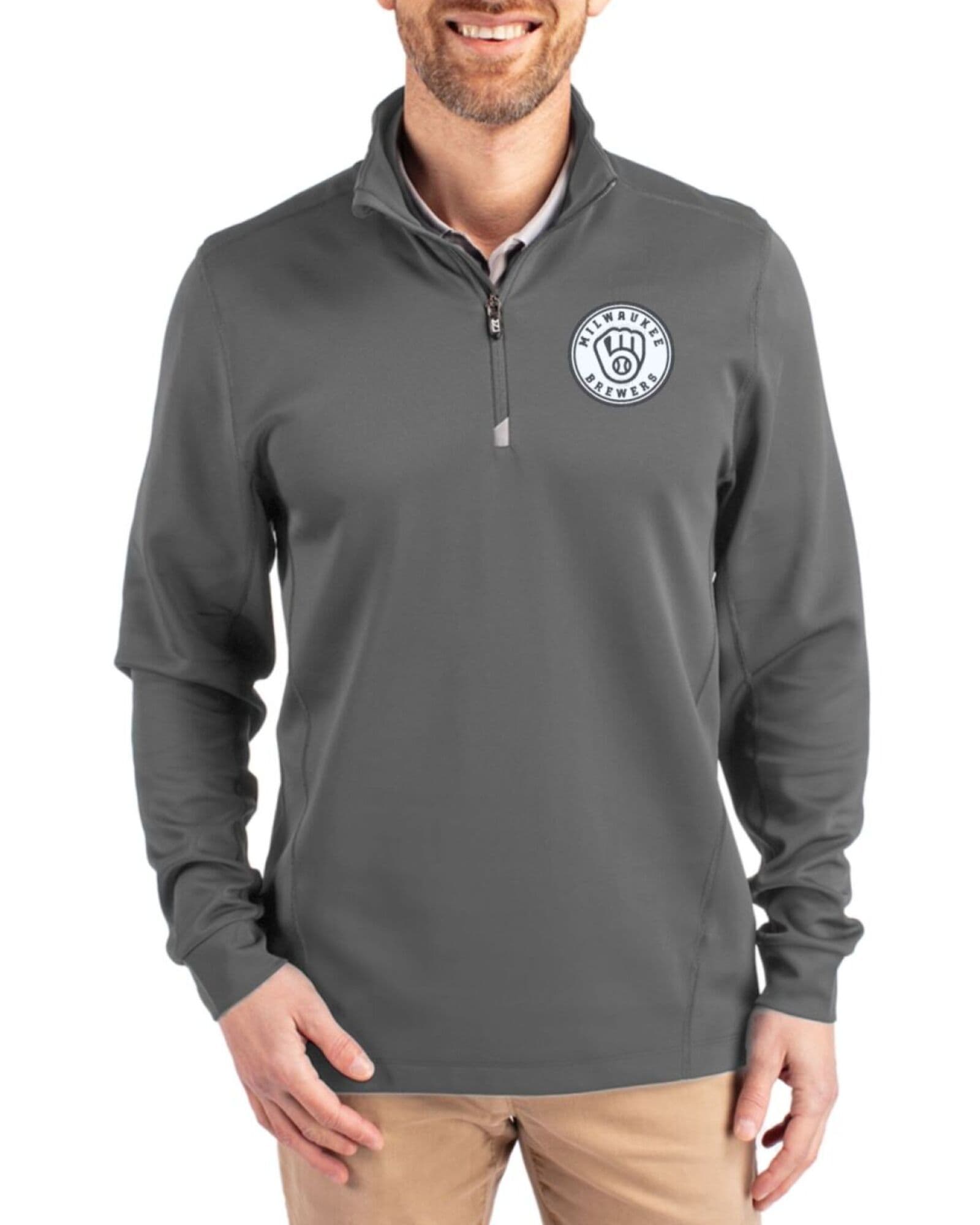 Men's Milwaukee Brewers Cutter & Buck Mono Elemental Grey Traverse Smooth Stretch Quarter Zip Pullover