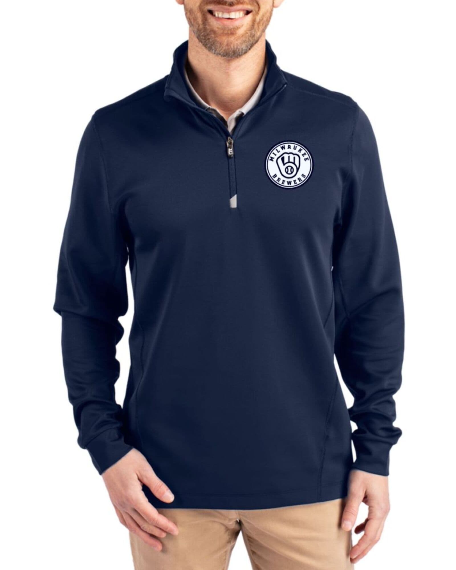 Men's Milwaukee Brewers Cutter & Buck Mono Liberty Navy Traverse Smooth Stretch Quarter Zip Pullover