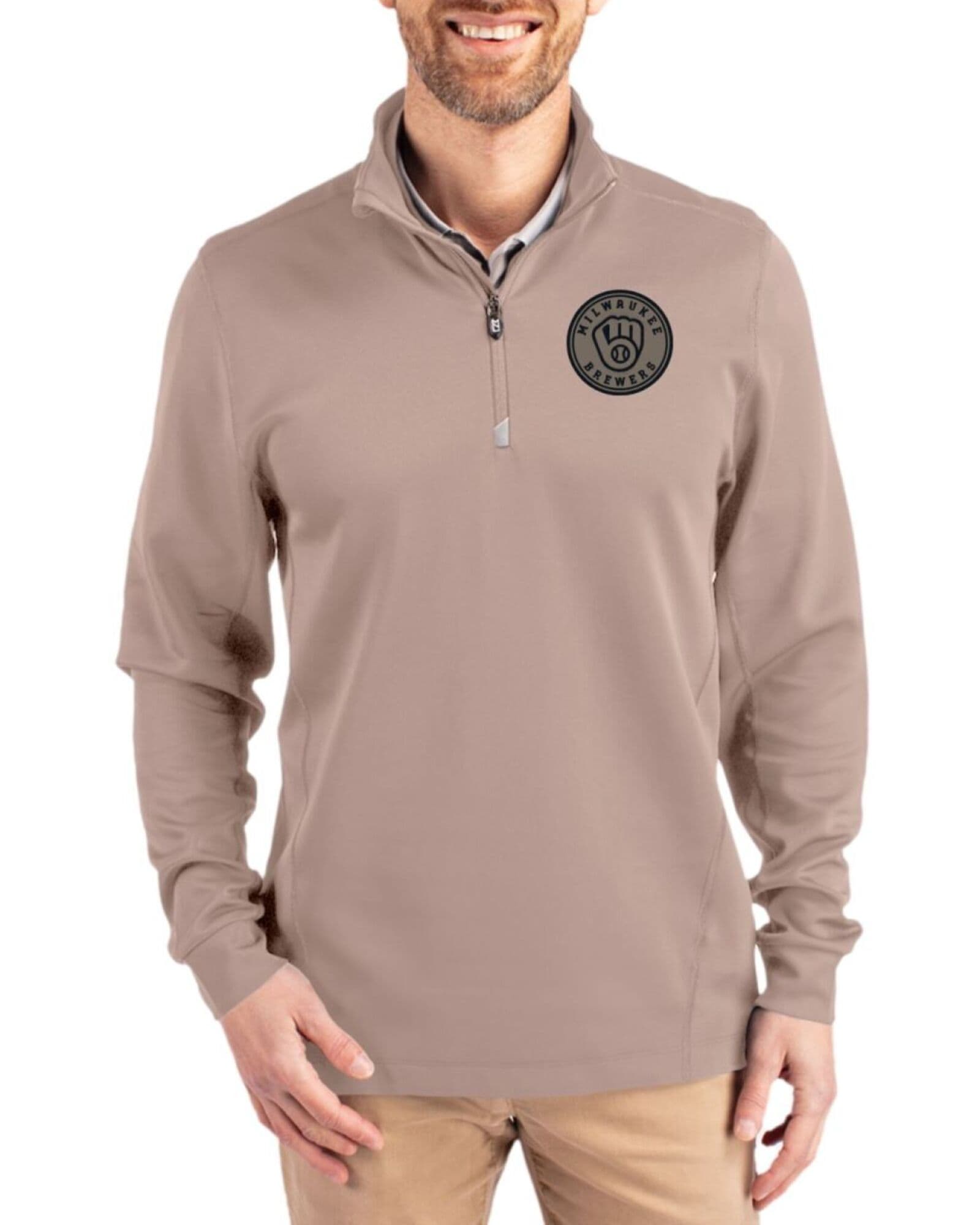Men's Milwaukee Brewers Cutter & Buck Mono Mushroom Traverse Smooth Stretch Quarter Zip Pullover