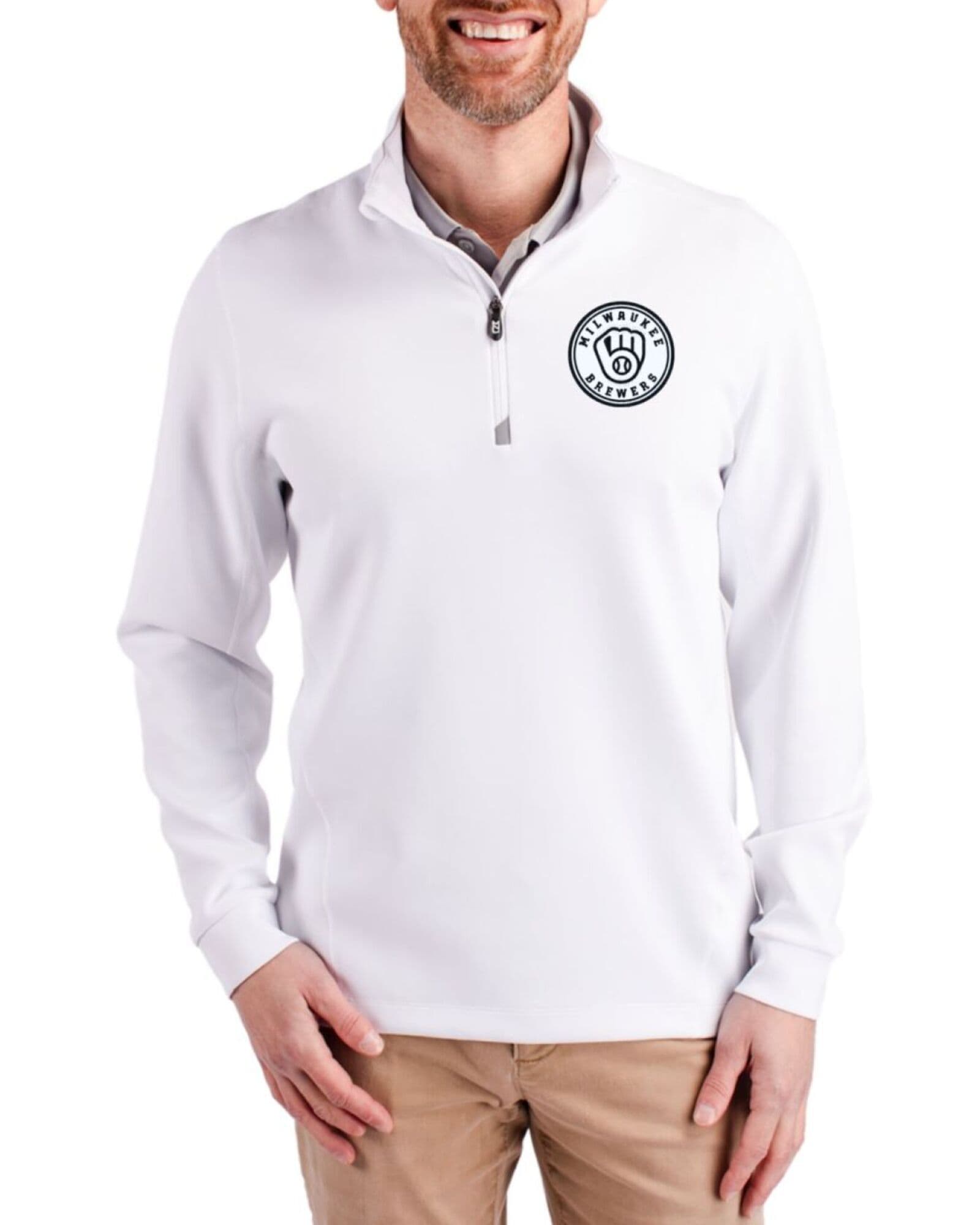 Men's Milwaukee Brewers Cutter & Buck Mono White Traverse Smooth Stretch Quarter Zip Pullover