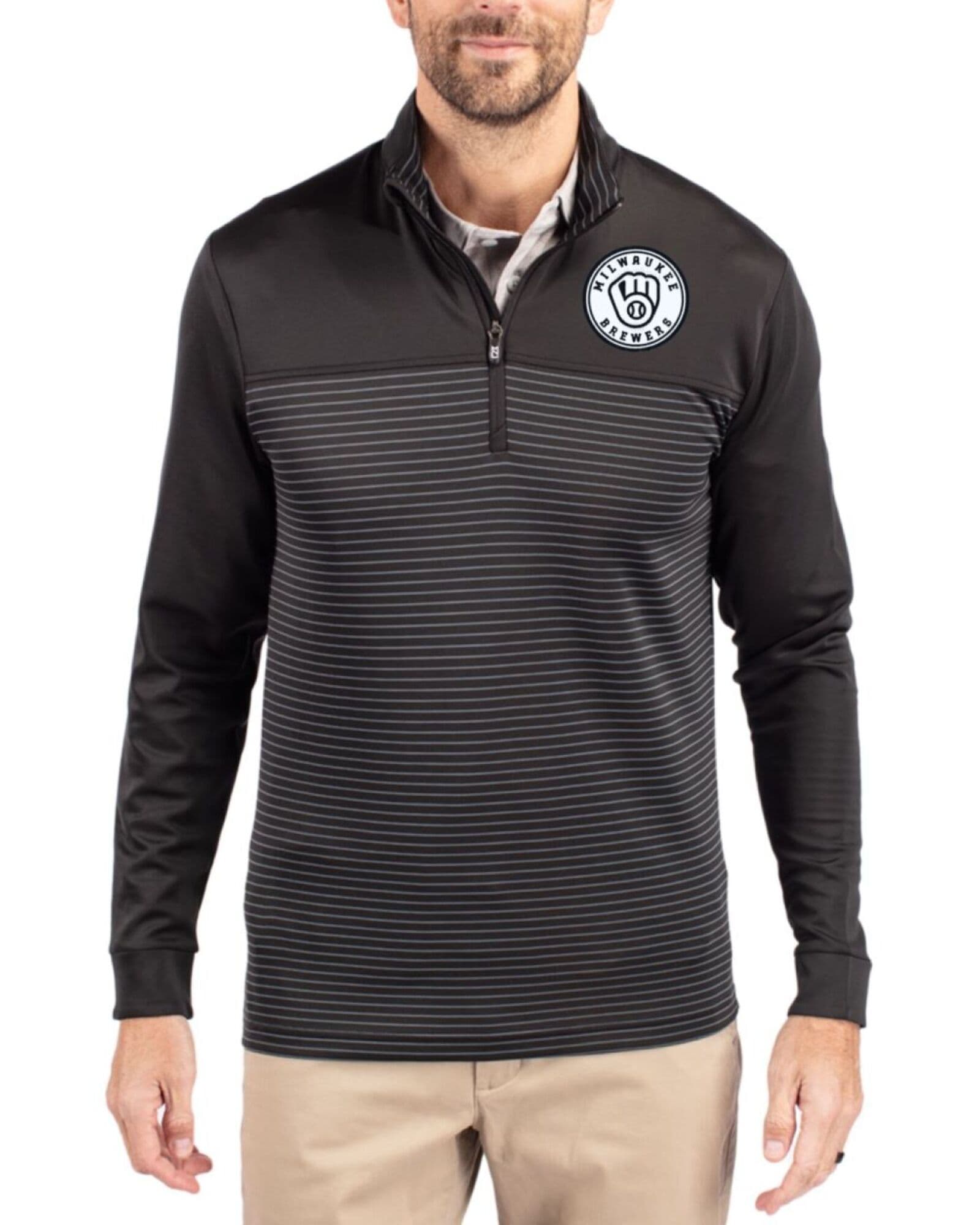 Men's Milwaukee Brewers Cutter & Buck Mono Black Traverse Smooth Stretch Stripe Quarter Zip Pullover