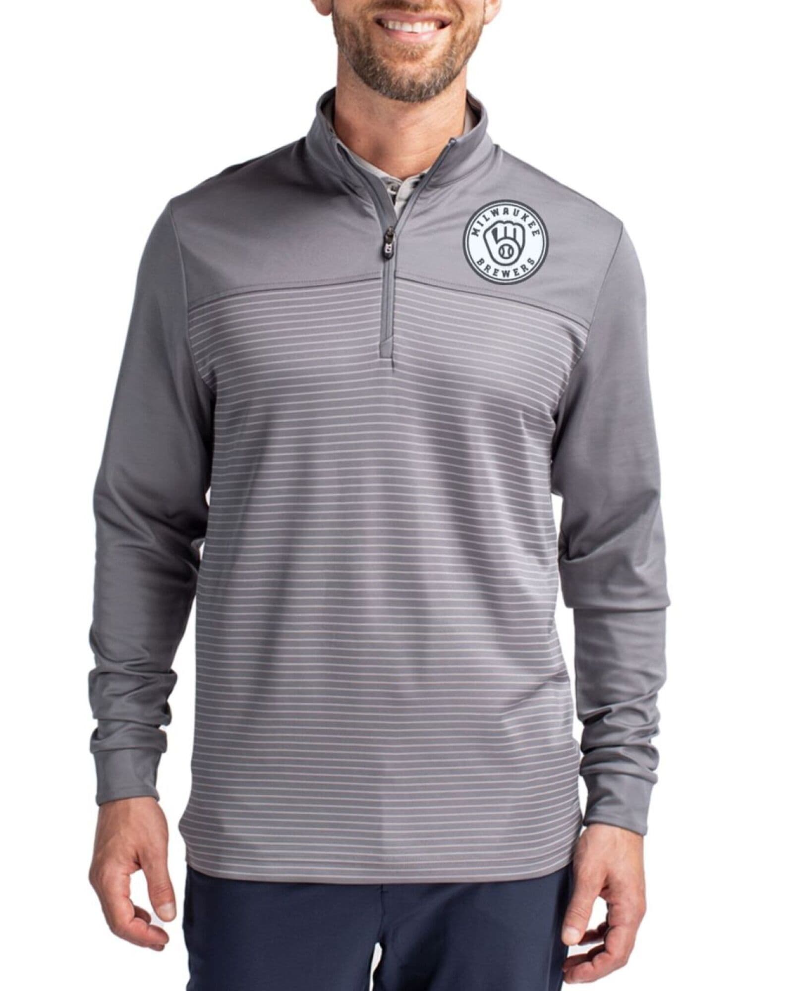 Men's Milwaukee Brewers Cutter & Buck Mono Elemental Grey Traverse Smooth Stretch Stripe Quarter Zip Pullover