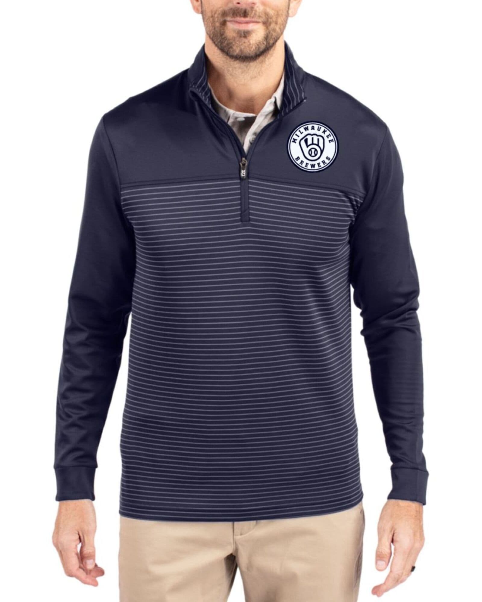 Men's Milwaukee Brewers Cutter & Buck Mono Liberty Navy Traverse Smooth Stretch Stripe Quarter Zip Pullover