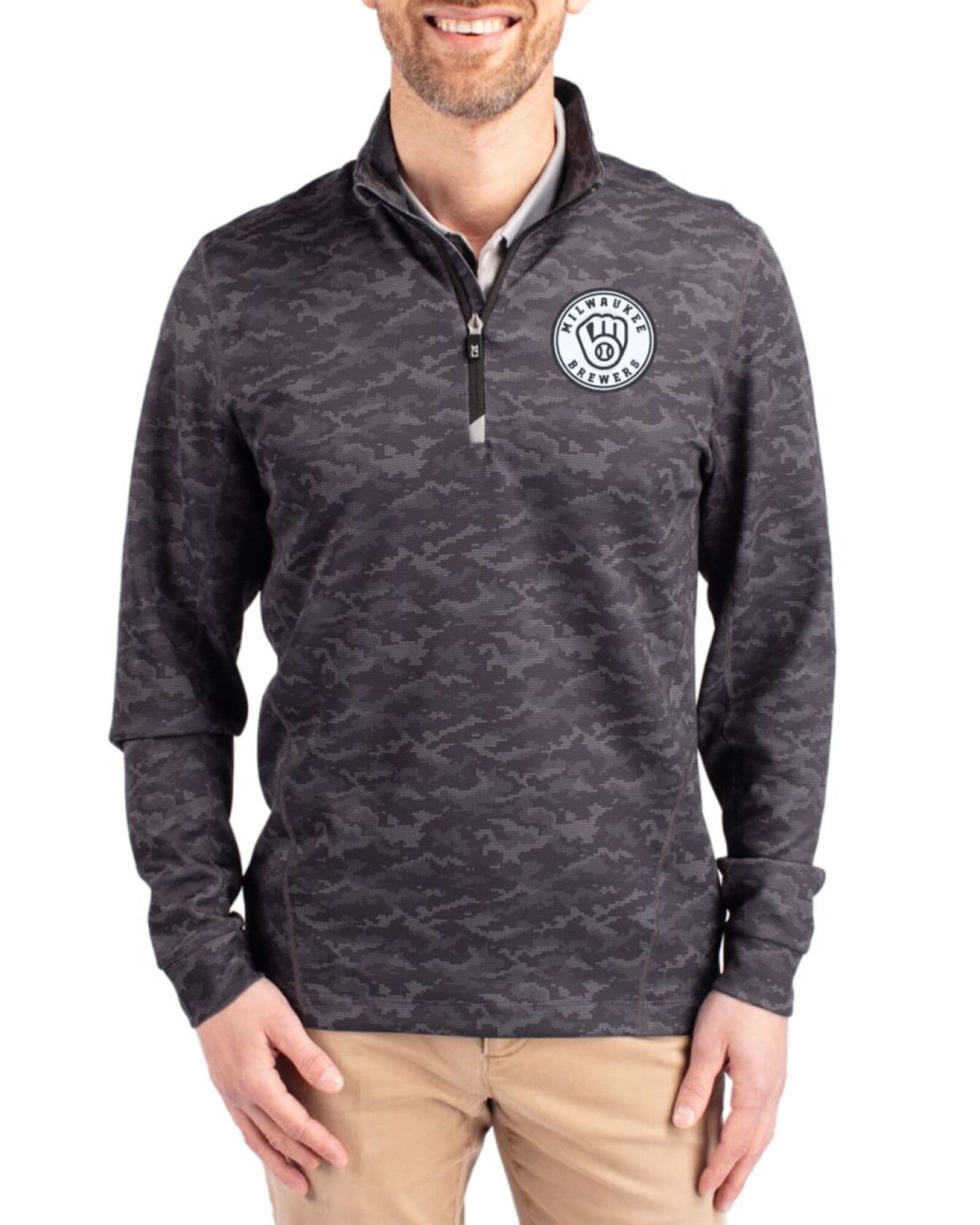 Men's Milwaukee Brewers Cutter & Buck Mono Black Traverse Smooth Stretch Camo Quarter Zip Pullover