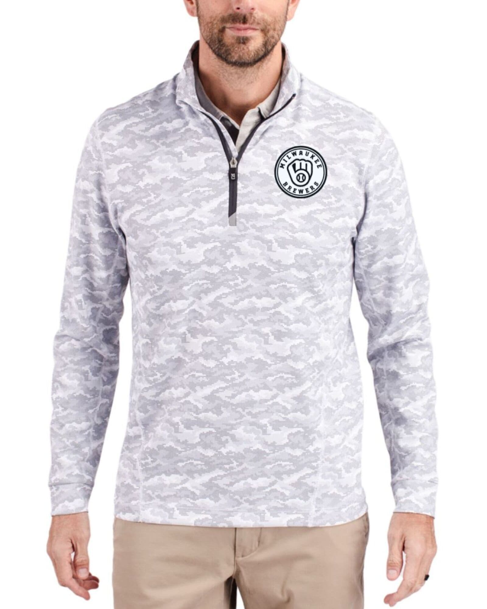 Men's Milwaukee Brewers Cutter & Buck Mono Charcoal Traverse Smooth Stretch Camo Quarter Zip Pullover