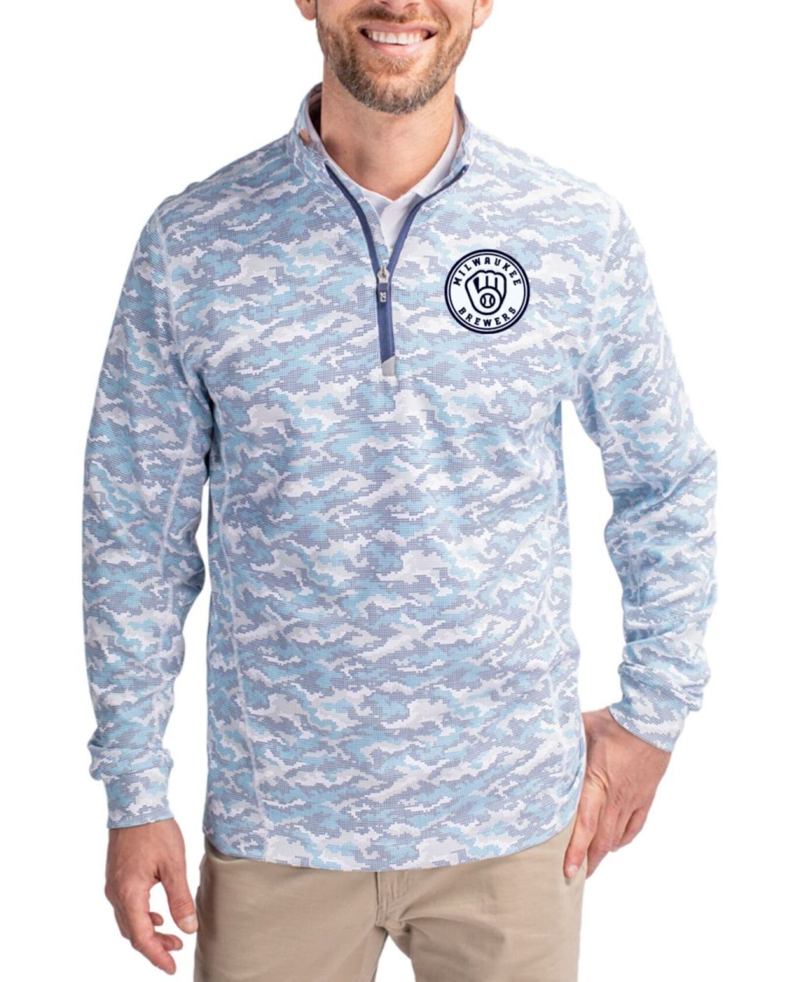 Men's Milwaukee Brewers Cutter & Buck Mono Indigo Traverse Smooth Stretch Camo Quarter Zip Pullover