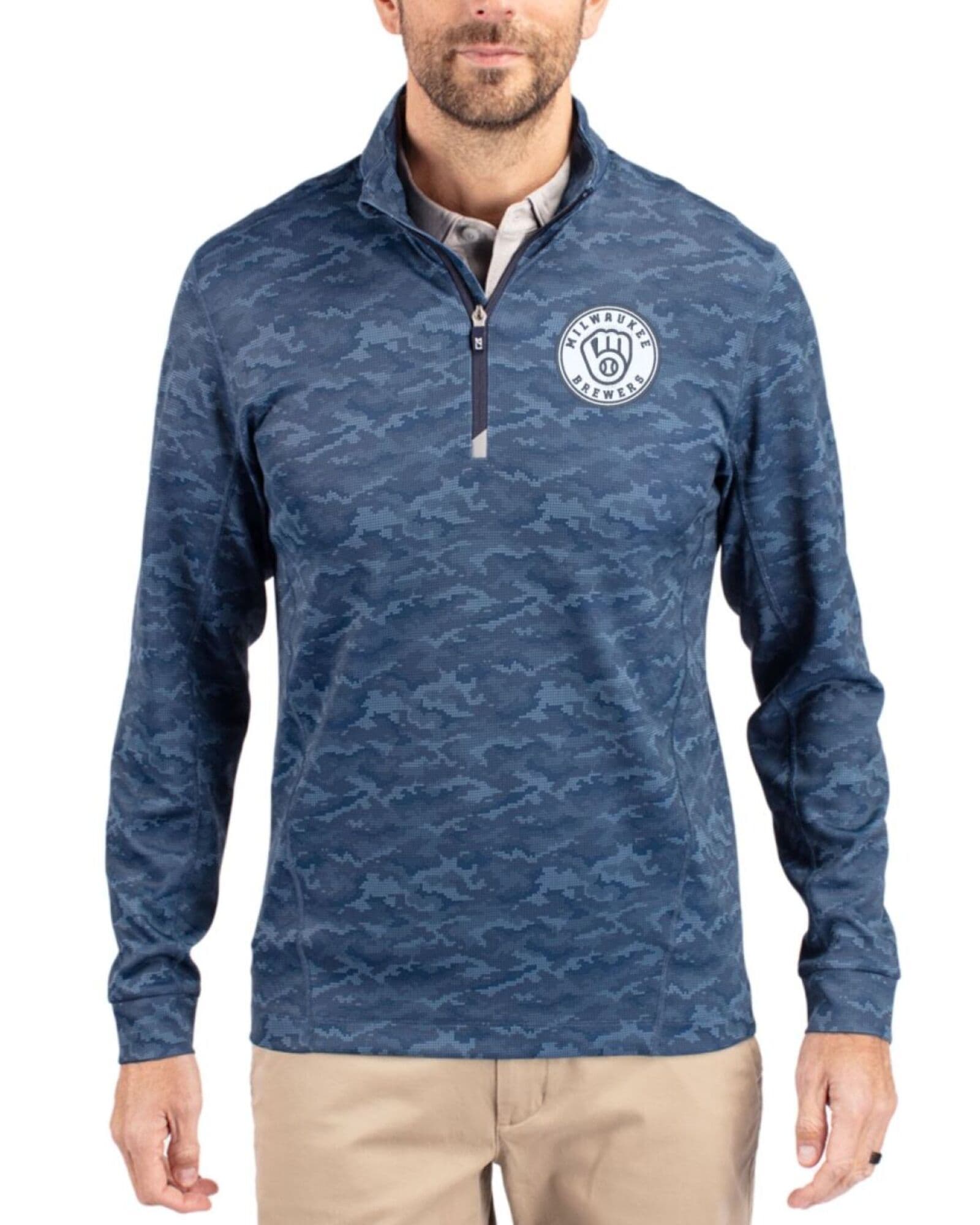 Men's Milwaukee Brewers Cutter & Buck Mono Navy Blue Traverse Smooth Stretch Camo Quarter Zip Pullover