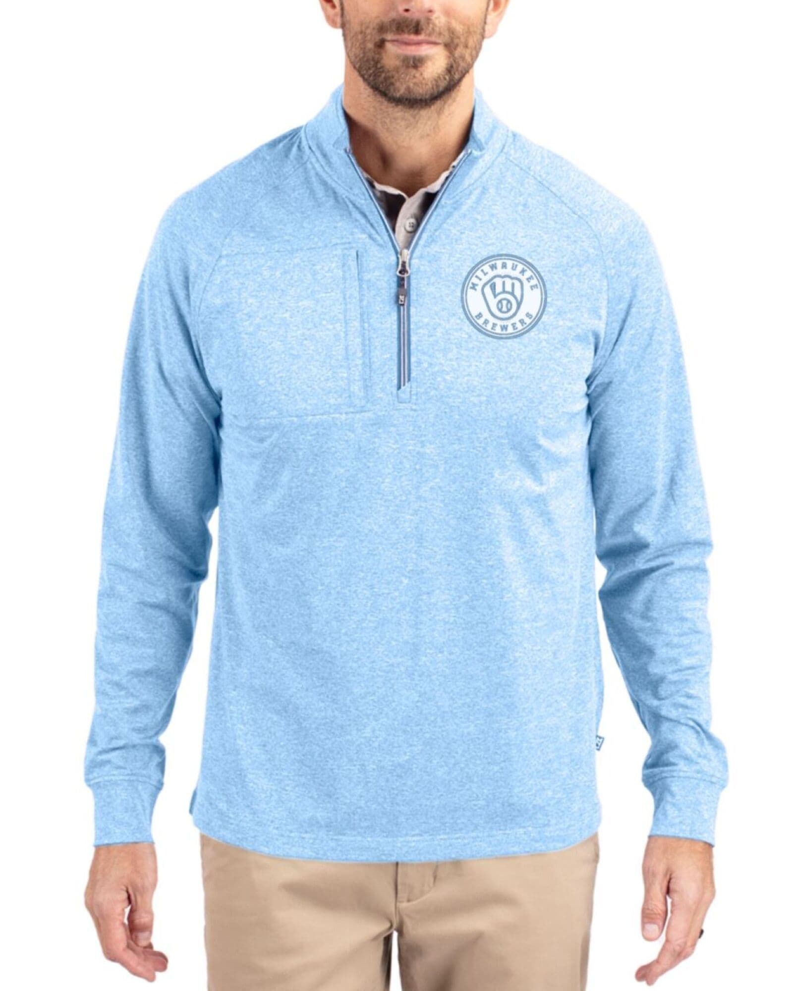 Men's Milwaukee Brewers Cutter & Buck Mono Atlas Heather Adapt Soft Knit Stretch Heathered Quarter Zip Pullover
