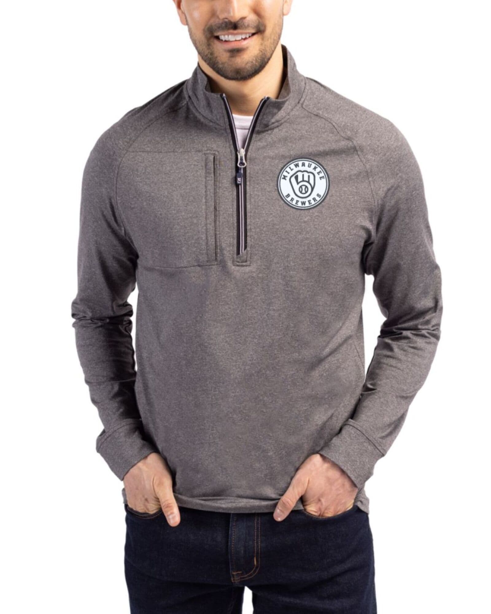 Men's Milwaukee Brewers Cutter & Buck Mono Black Heather Adapt Soft Knit Stretch Heathered Quarter Zip Pullover