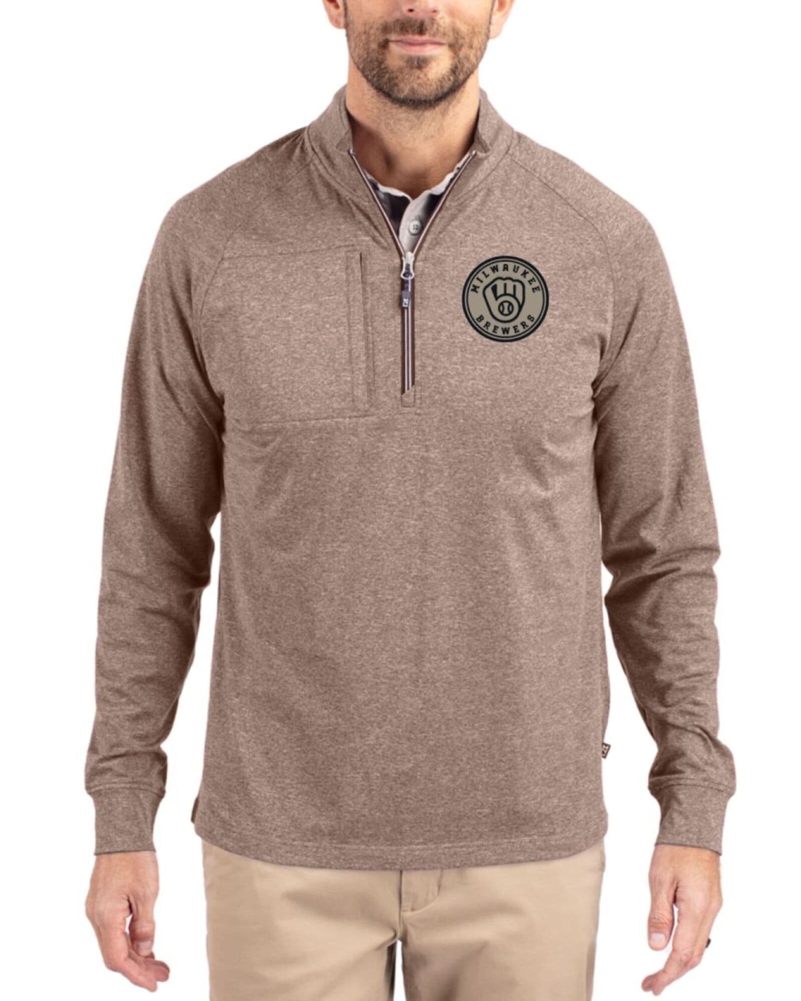 Men's Milwaukee Brewers Cutter & Buck Mono Mushroom Heather Adapt Soft Knit Stretch Heathered Quarter Zip Pullover