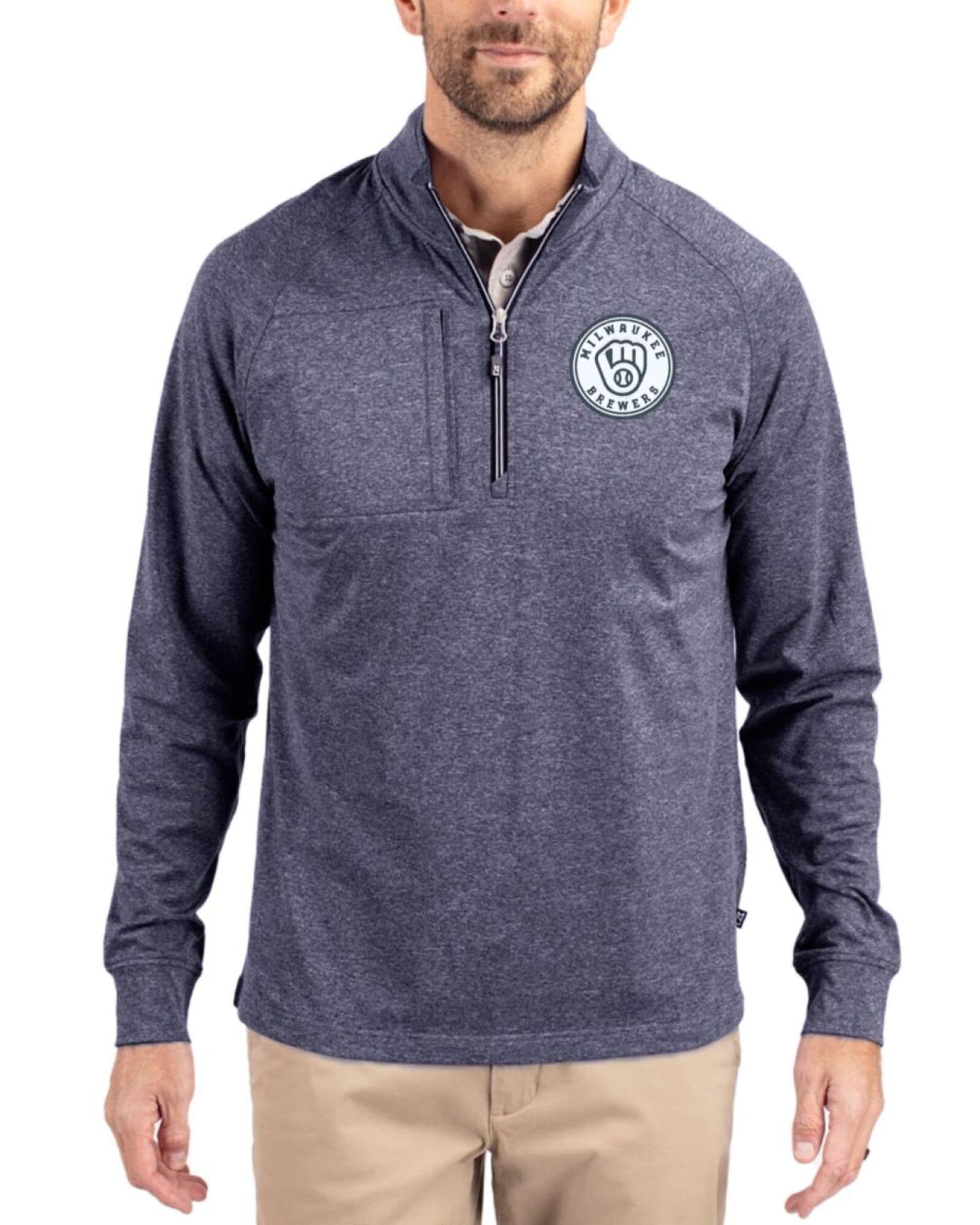 Men's Milwaukee Brewers Cutter & Buck Mono Navy Blue Heather Adapt Soft Knit Stretch Heathered Quarter Zip Pullover