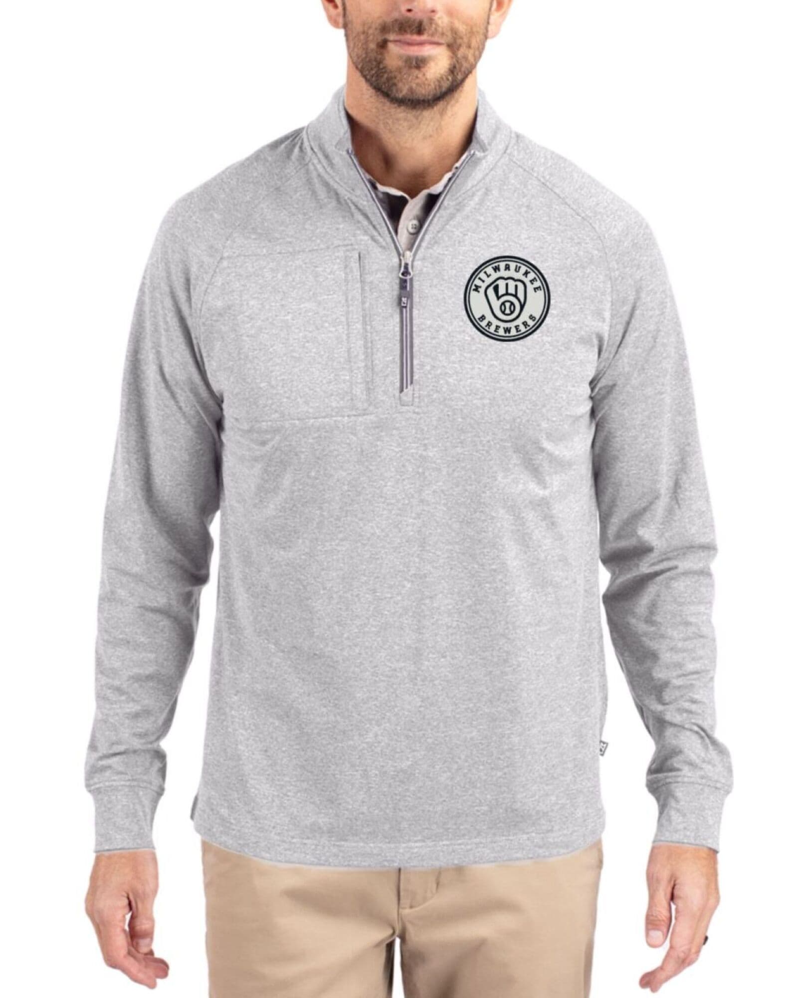 Men's Milwaukee Brewers Cutter & Buck Mono Polished Heather Adapt Soft Knit Stretch Heathered Quarter Zip Pullover