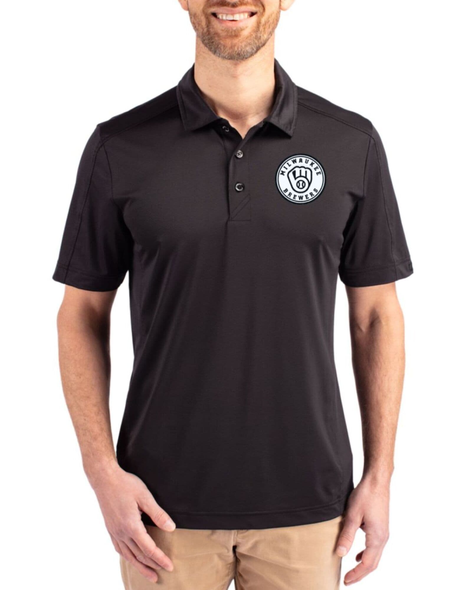 Men's Milwaukee Brewers Cutter & Buck Mono Black Prospect Featherlight Stretch Polo