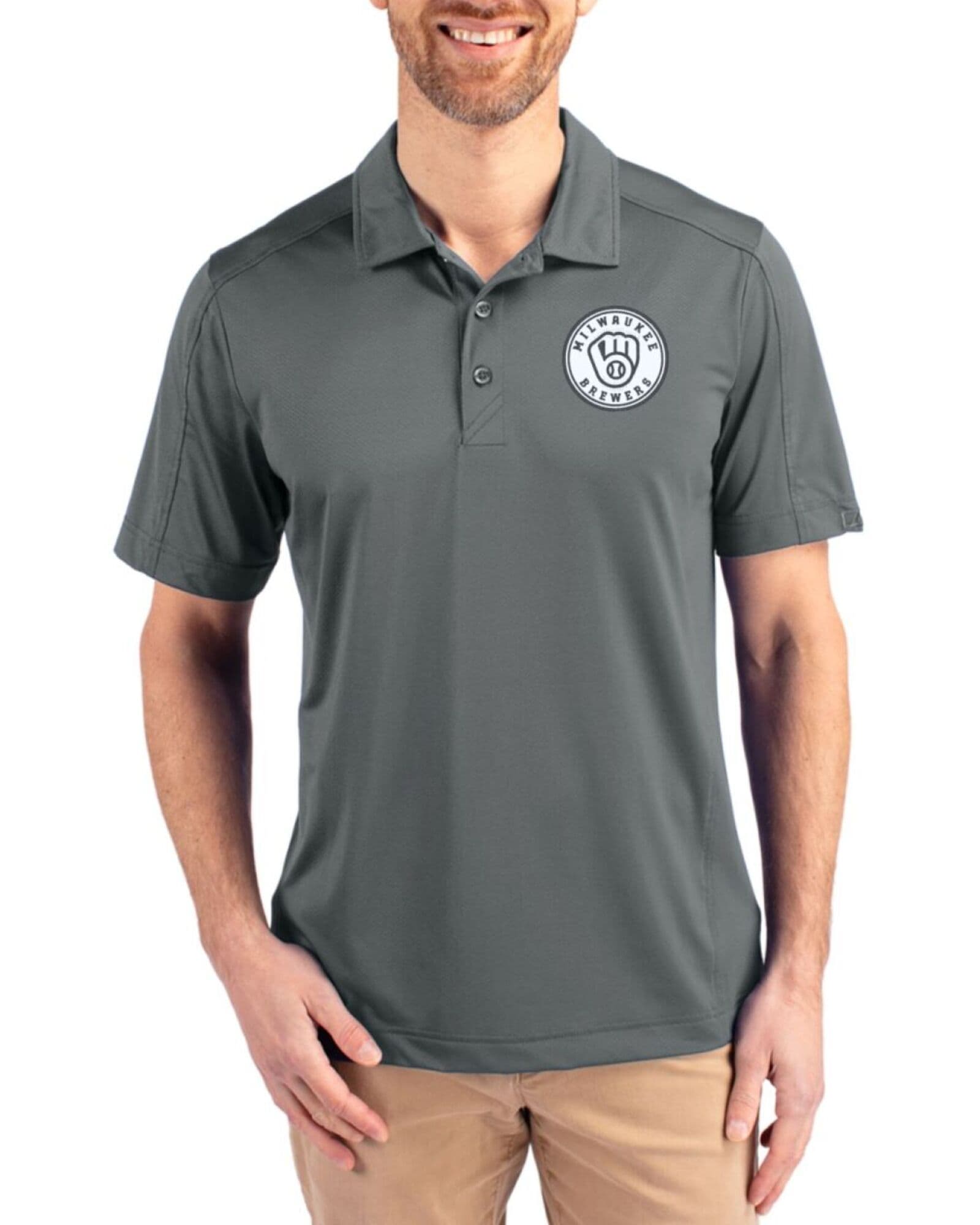 Men's Milwaukee Brewers Cutter & Buck Mono Elemental Grey Prospect Featherlight Stretch Polo