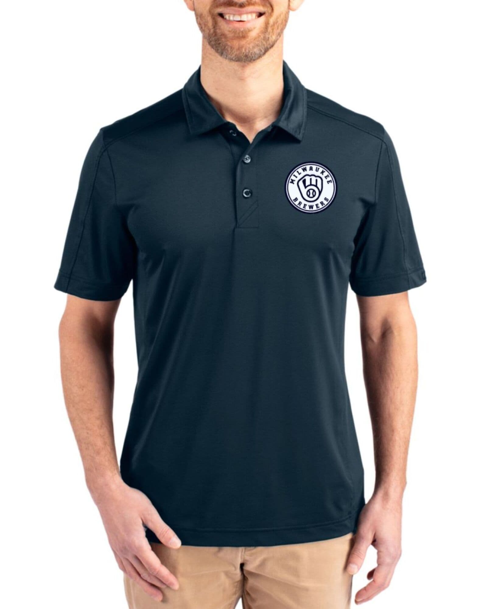 Men's Milwaukee Brewers Cutter & Buck Mono Navy Blue Prospect Featherlight Stretch Polo