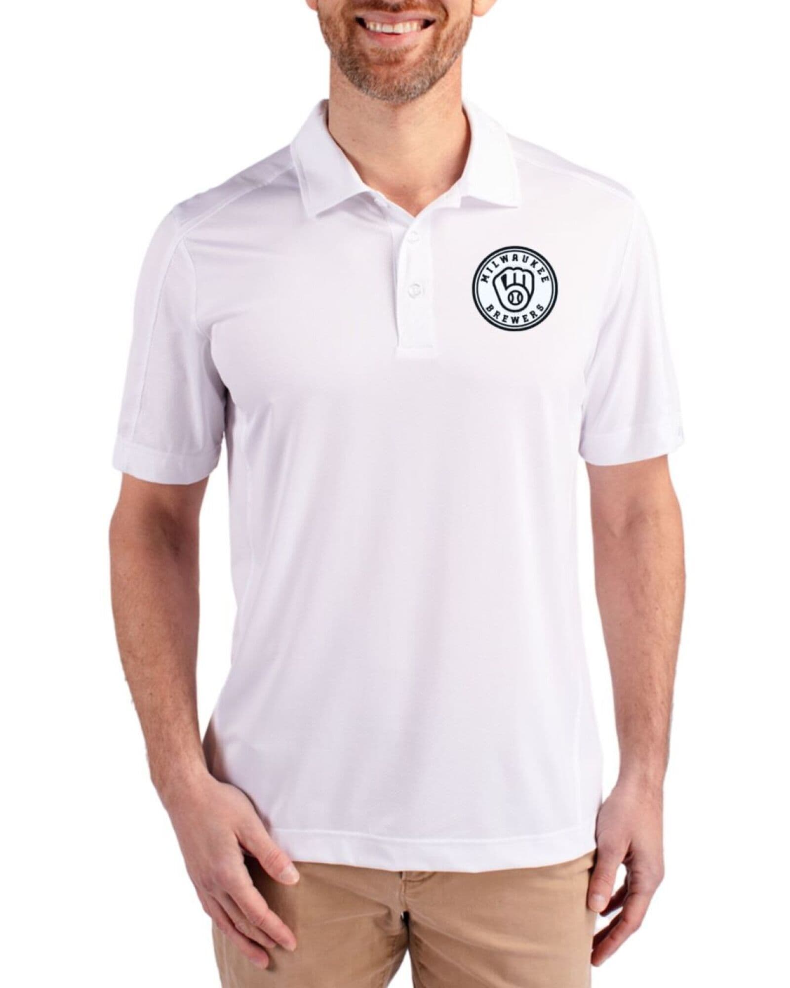 Men's Milwaukee Brewers Cutter & Buck Mono White Prospect Featherlight Stretch Polo