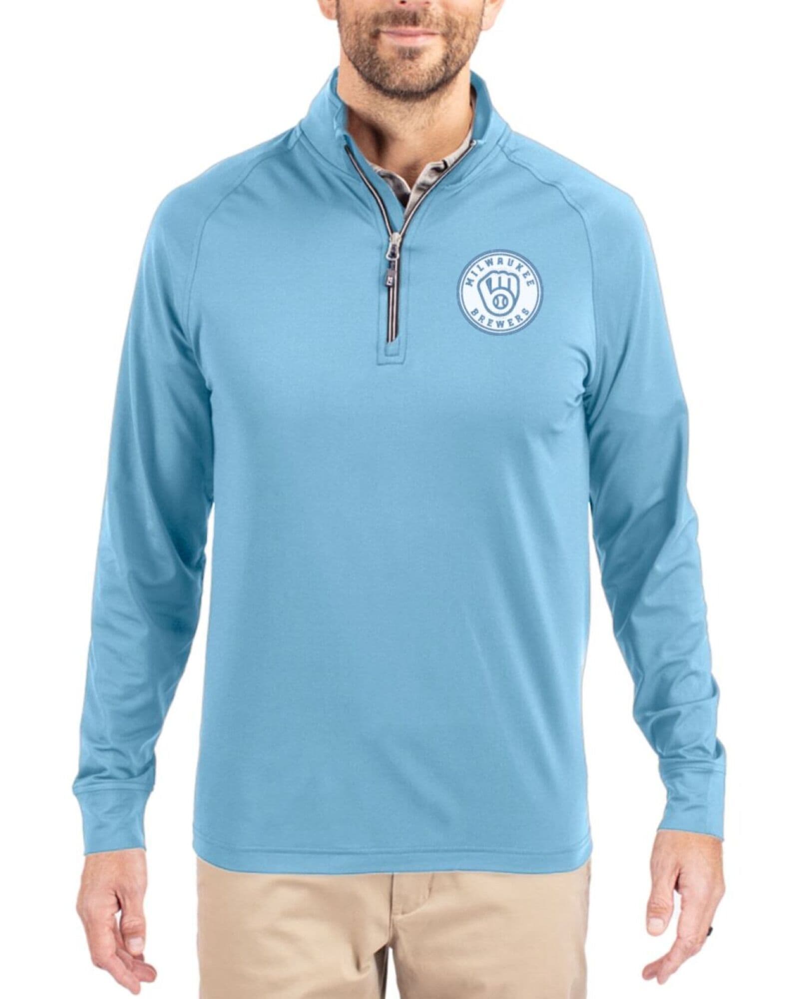 Men's Milwaukee Brewers Cutter & Buck Mono Atlas Adapt Soft Knit Stretch Quarter Zip Pullover