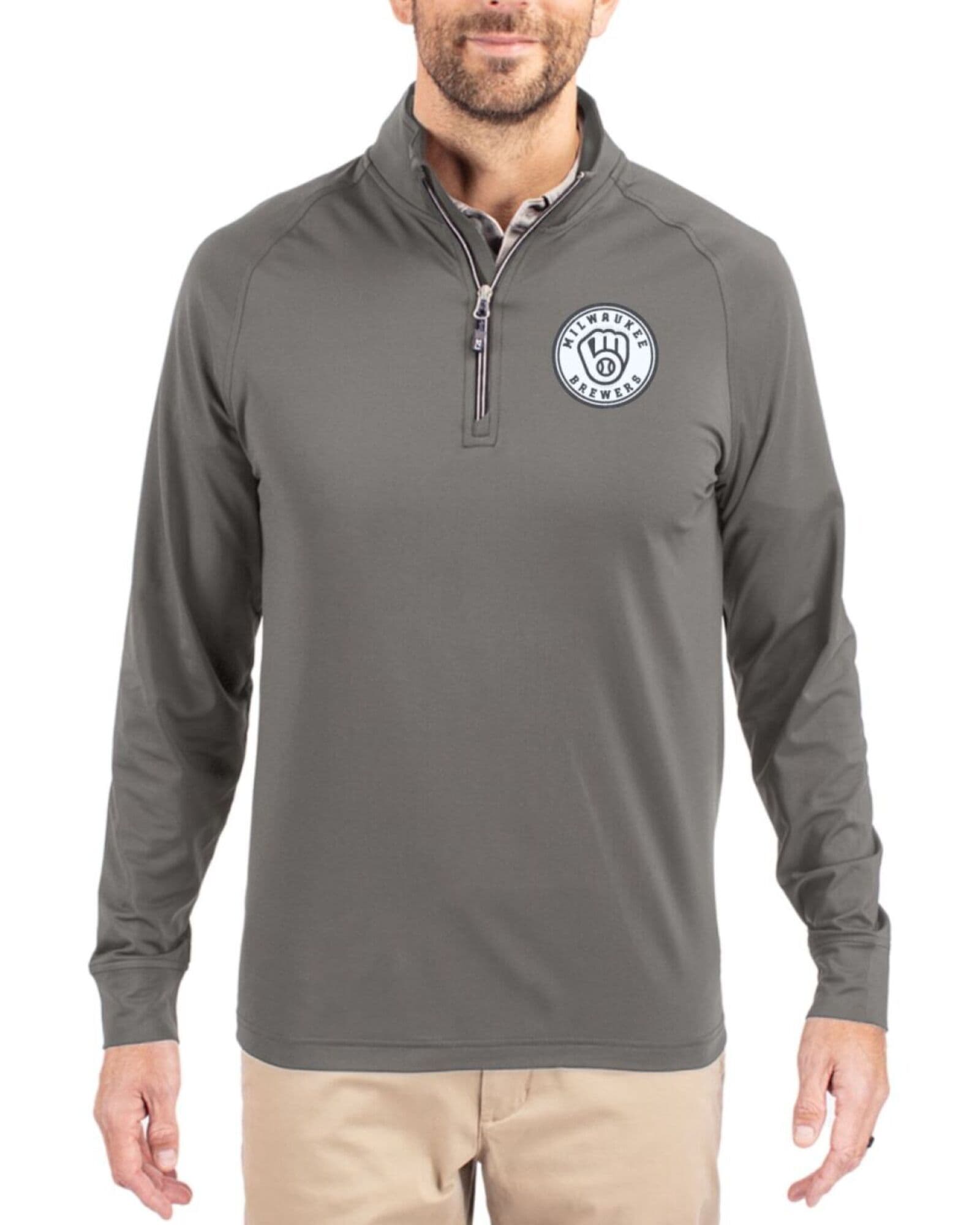 Men's Milwaukee Brewers Cutter & Buck Mono Elemental Grey Adapt Soft Knit Stretch Quarter Zip Pullover