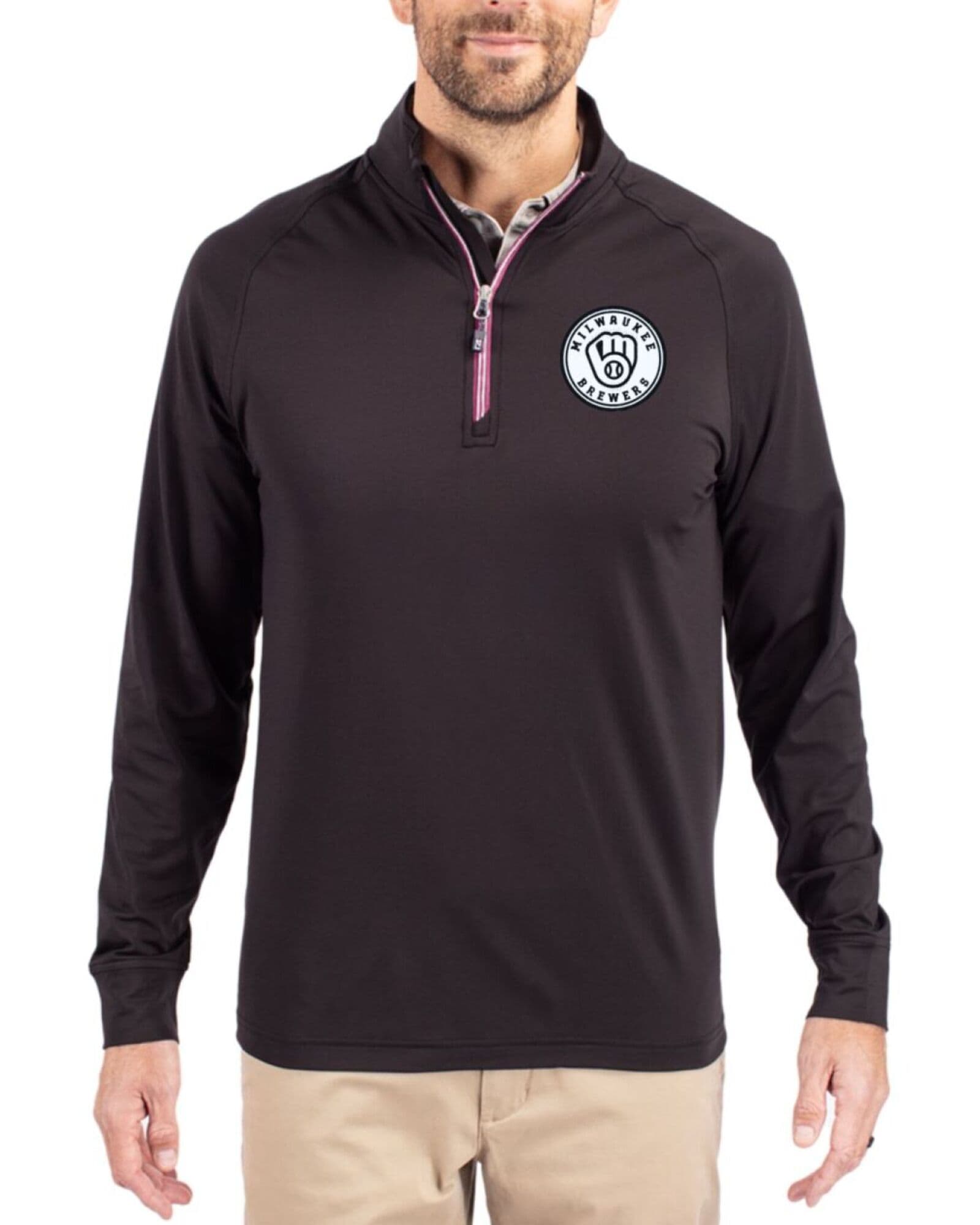 Men's Milwaukee Brewers Cutter & Buck Mono Black/Gelato Adapt Soft Knit Stretch Quarter Zip Pullover