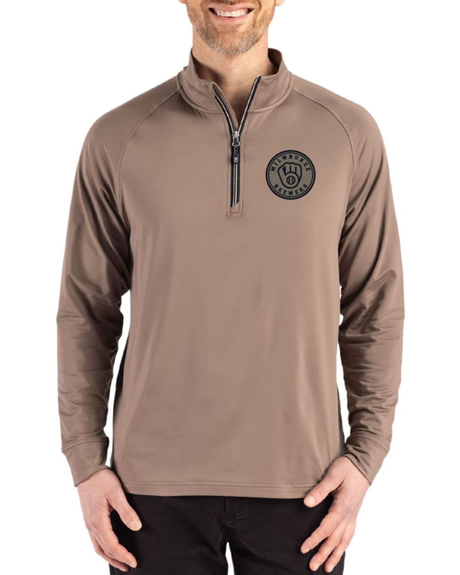 Men's Milwaukee Brewers Cutter & Buck Mono Mushroom Adapt Soft Knit Stretch Quarter Zip Pullover