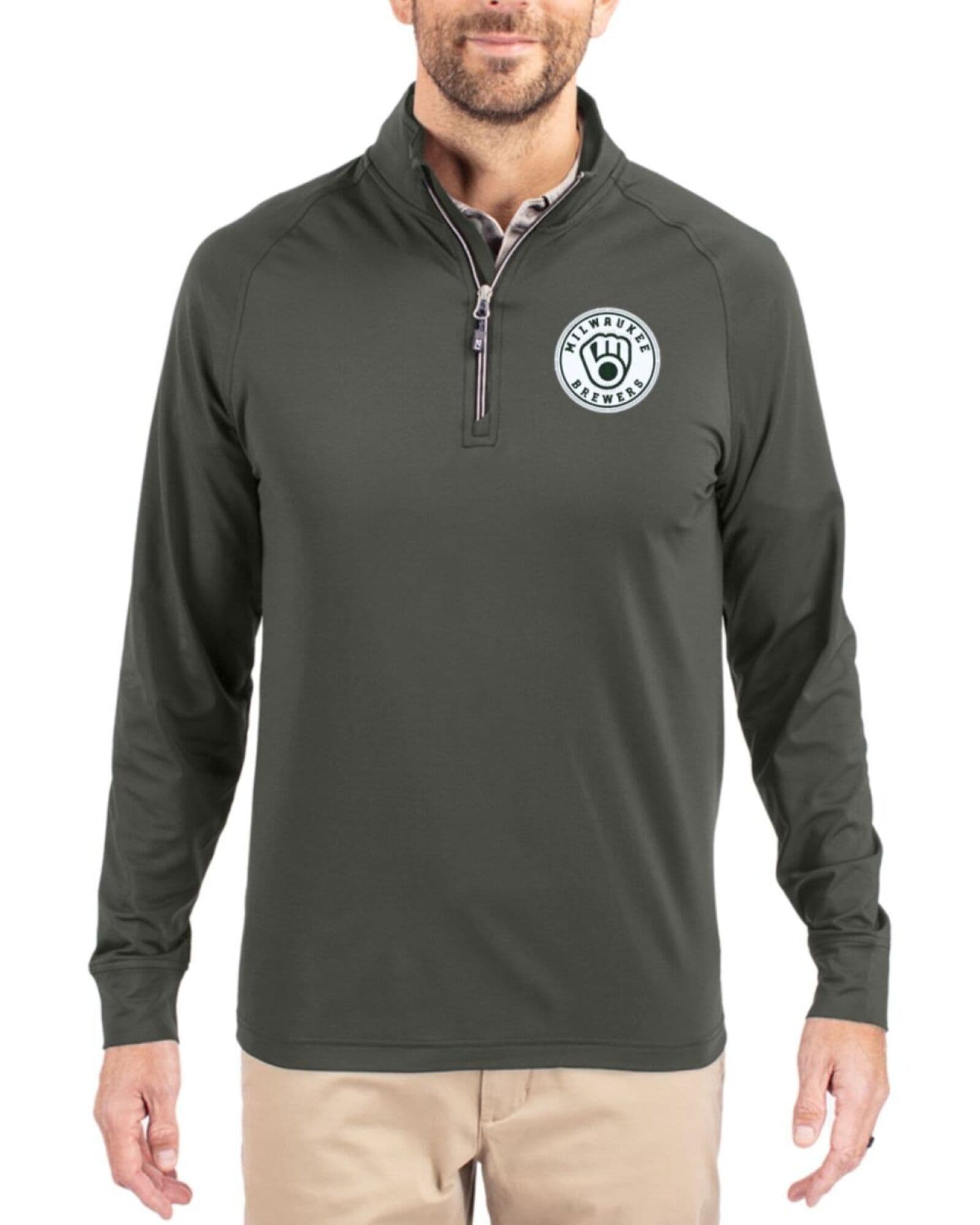 Men's Milwaukee Brewers Cutter & Buck Mono Poplar Adapt Soft Knit Stretch Quarter Zip Pullover