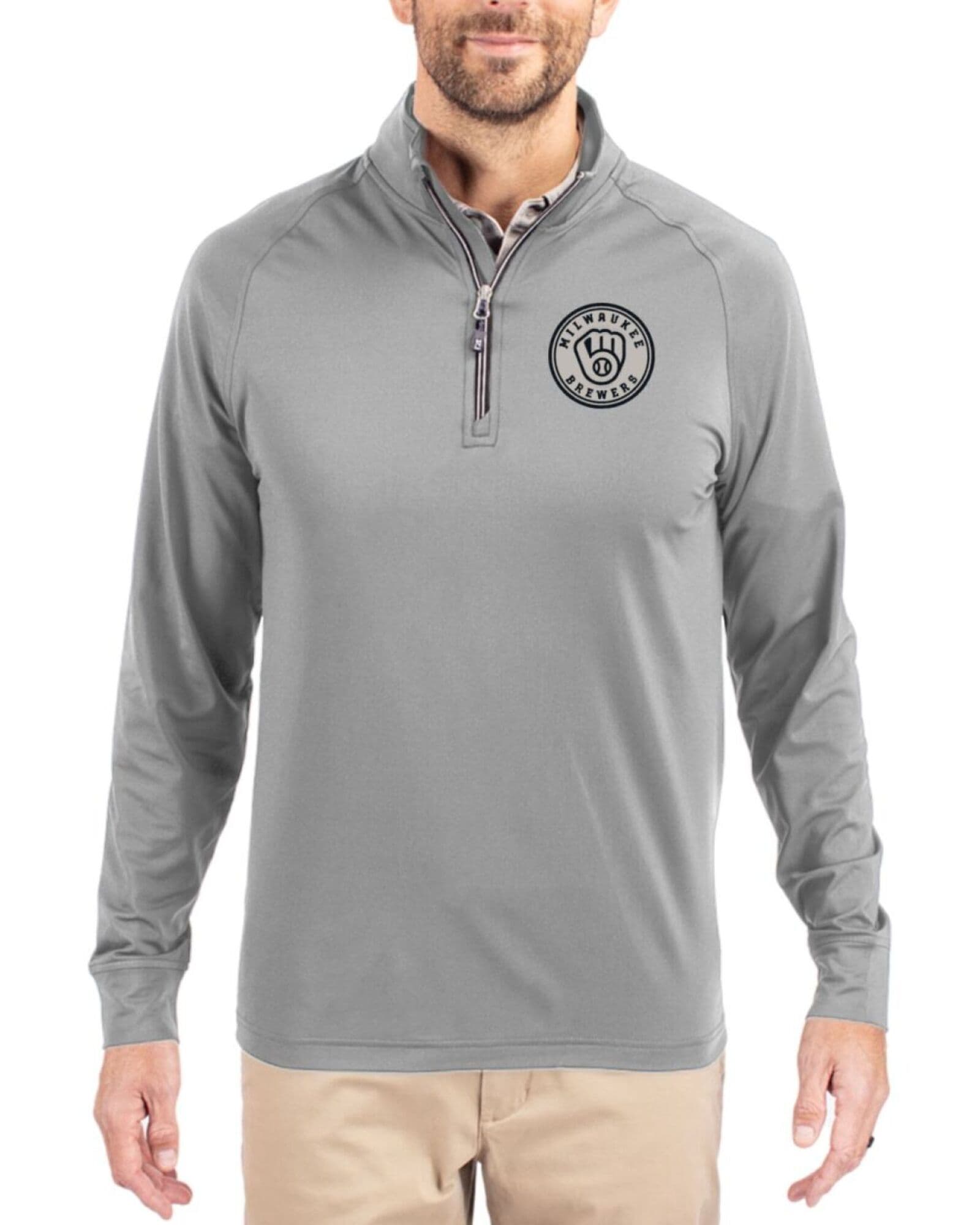 Men's Milwaukee Brewers Cutter & Buck Mono Polished Adapt Soft Knit Stretch Quarter Zip Pullover