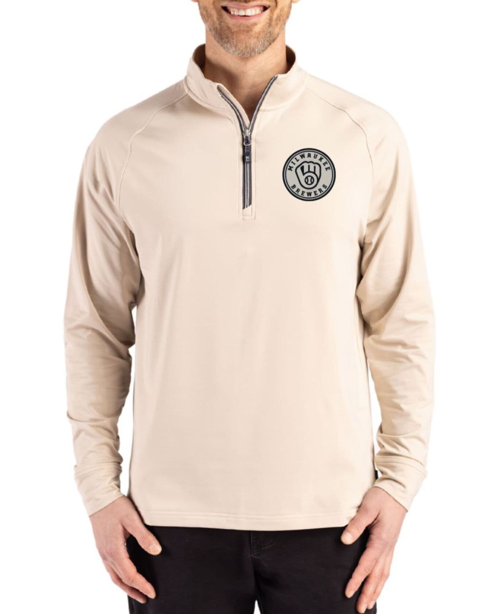 Men's Milwaukee Brewers Cutter & Buck Mono Wheat Adapt Soft Knit Stretch Quarter Zip Pullover