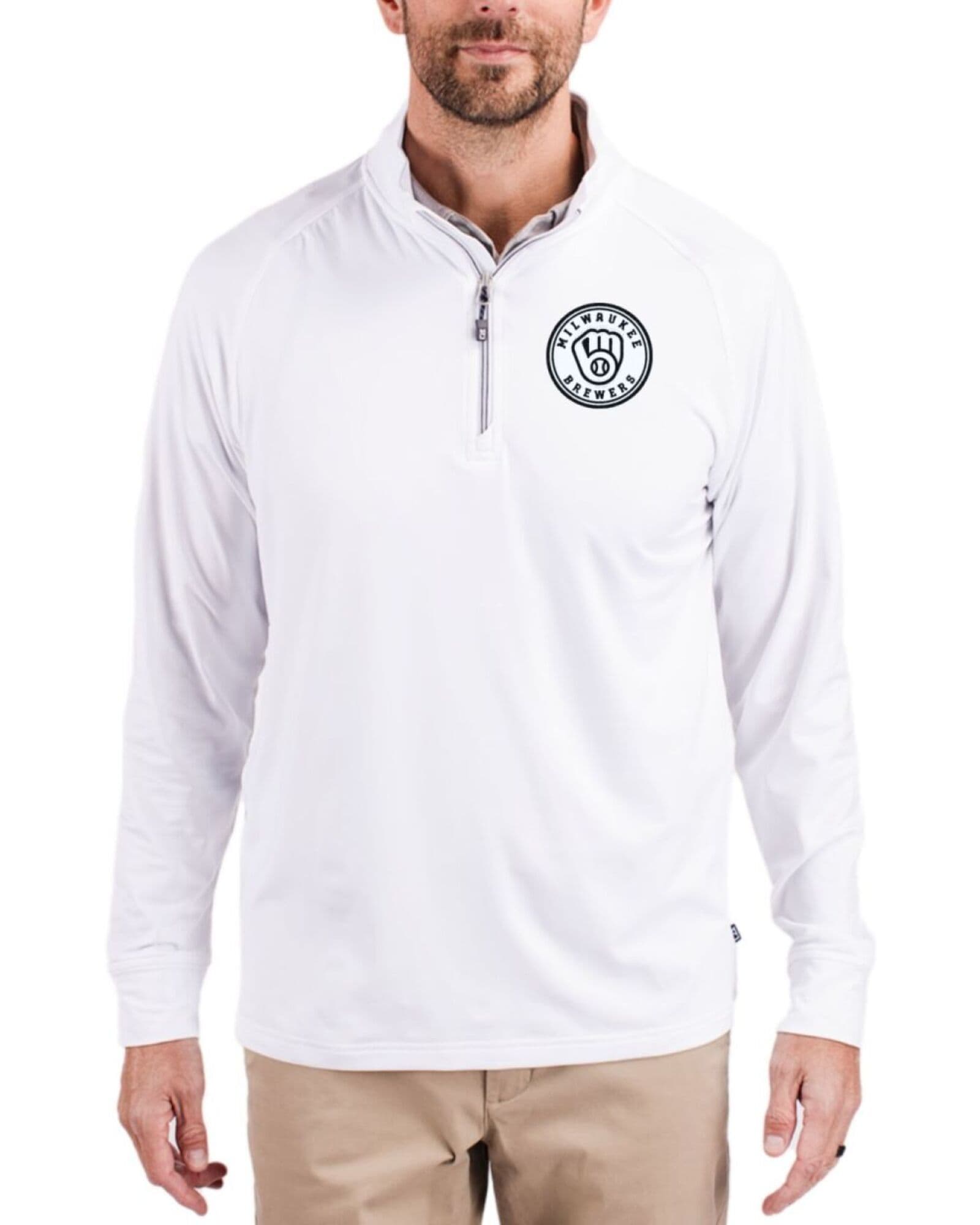 Men's Milwaukee Brewers Cutter & Buck Mono White Adapt Soft Knit Stretch Quarter Zip Pullover