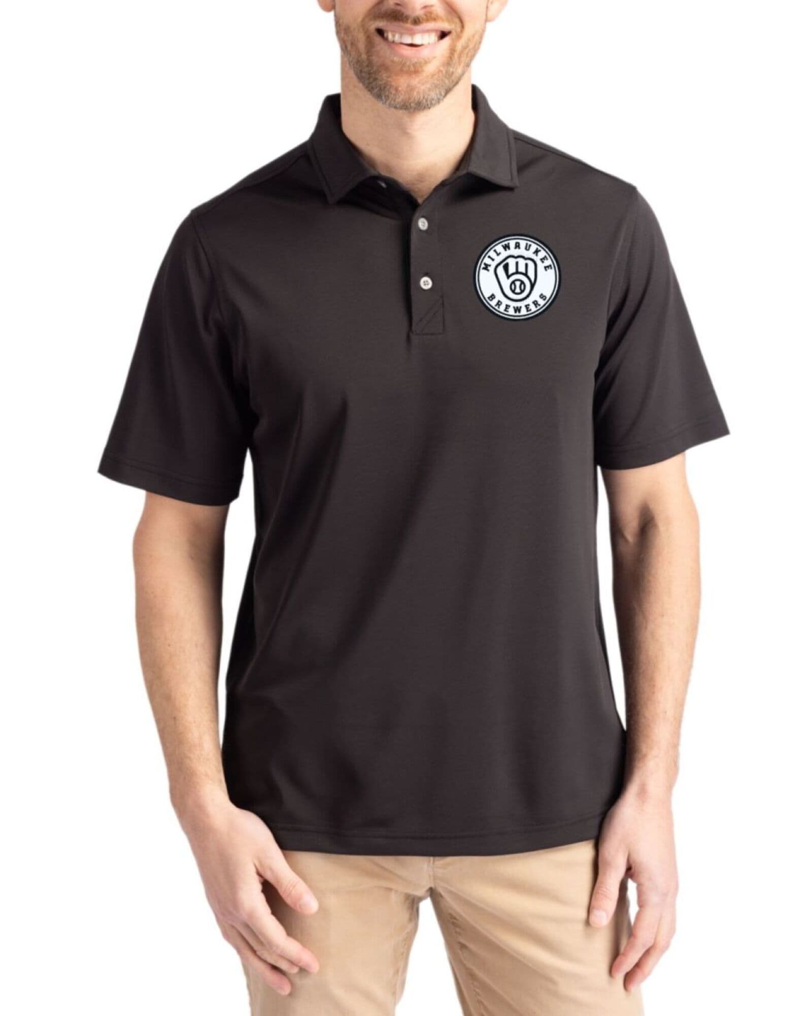 Men's Milwaukee Brewers Cutter & Buck Mono Black Virtue Featherlight Pique Polo
