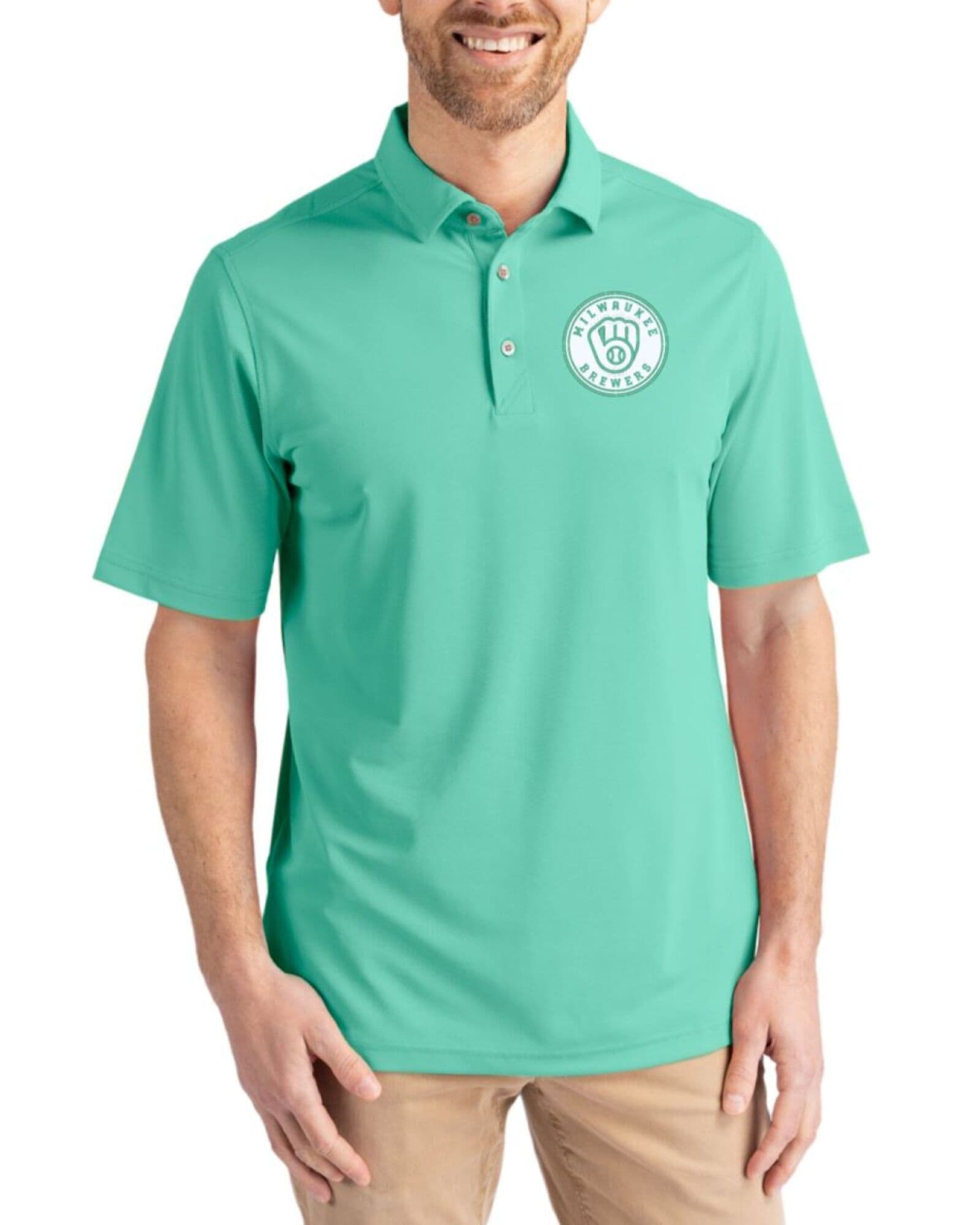 Men's Milwaukee Brewers Cutter & Buck Mono Fresh Mint Virtue Featherlight Pique Polo