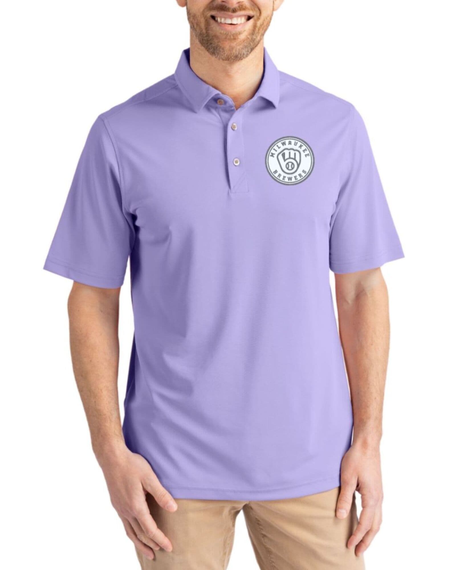 Men's Milwaukee Brewers Cutter & Buck Mono Hyacinth Virtue Featherlight Pique Polo