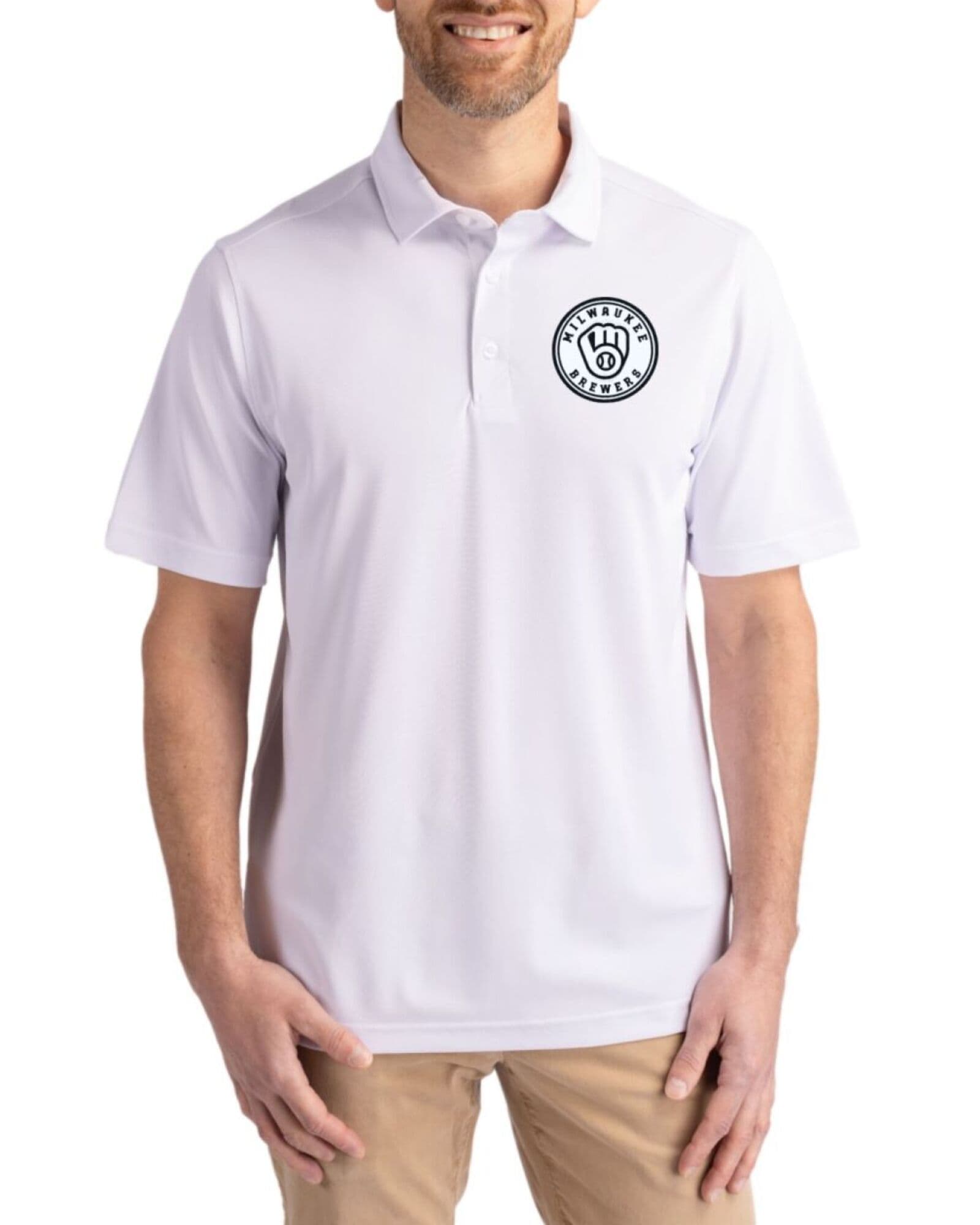 Men's Milwaukee Brewers Cutter & Buck Mono White Virtue Featherlight Pique Polo