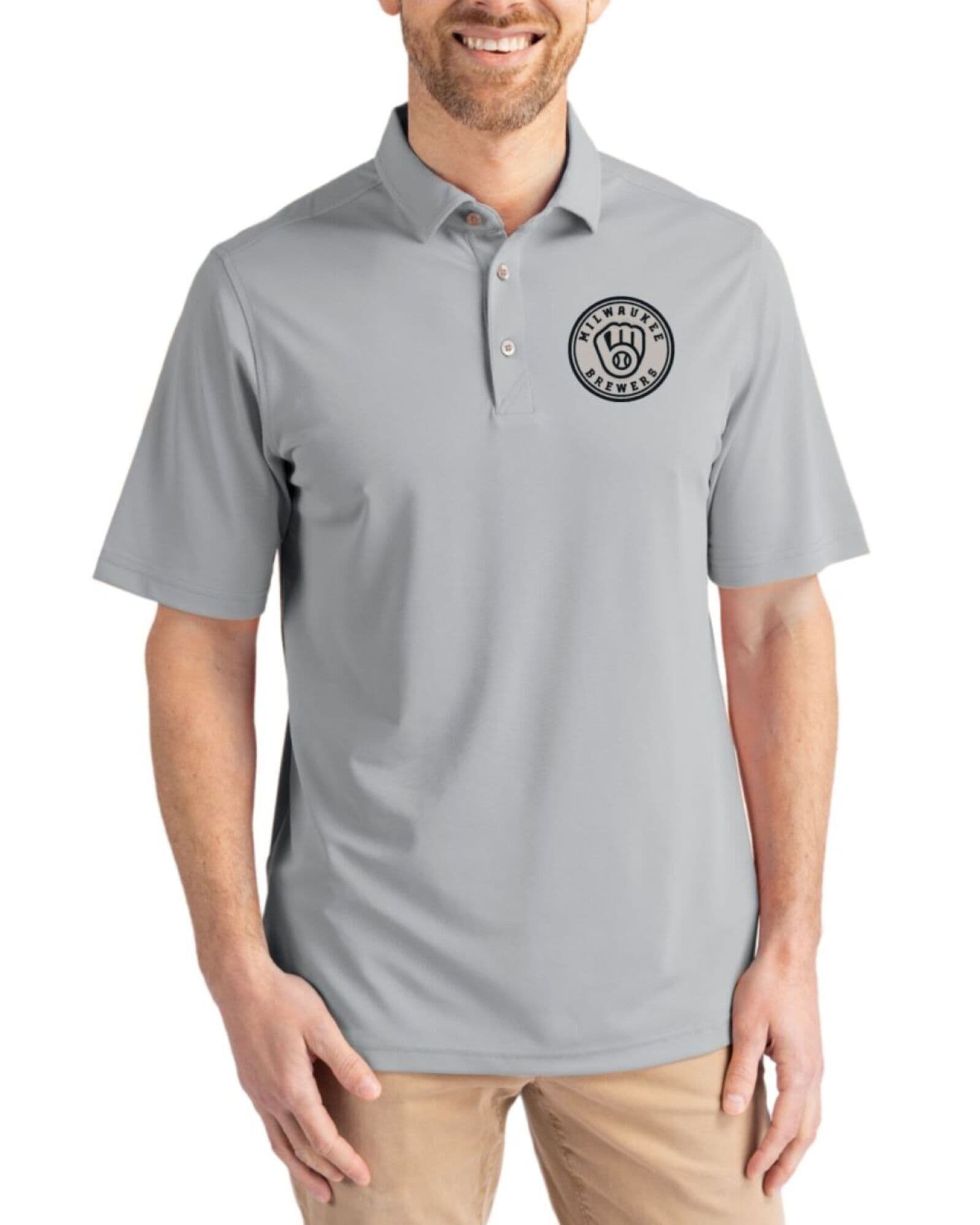 Men's Milwaukee Brewers Cutter & Buck Mono Polished Virtue Featherlight Pique Polo
